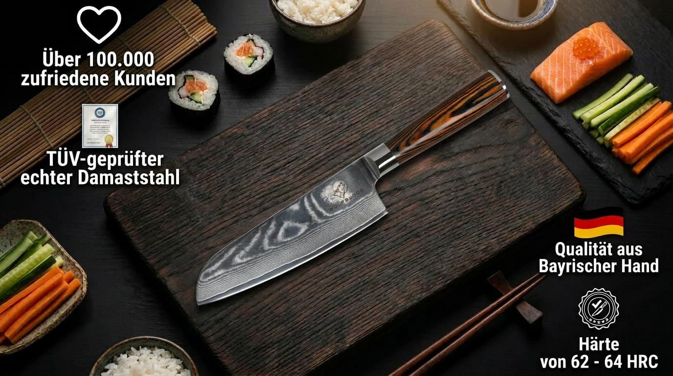 Wolfblood Damastmesser Santoku Messer L(24cm/13cm Klinge) TÜV geprüfter 62 HRC Damaststahl aus 67 Lagen I Damast-Küchenmesser Santokumesser mit Holzgriff Geschenkbox und Klingenschutz