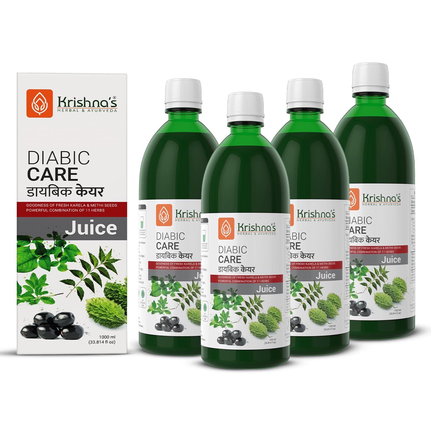 Krishna's Diabic Care Juice - 1000 ml (Pack of 4) | Mix of 11 Herbs Methi, Amla, Karela, Jamun, Kutki, Guduchi & 5 Other Herbs to Control Sugar Content | Health Drink | Made