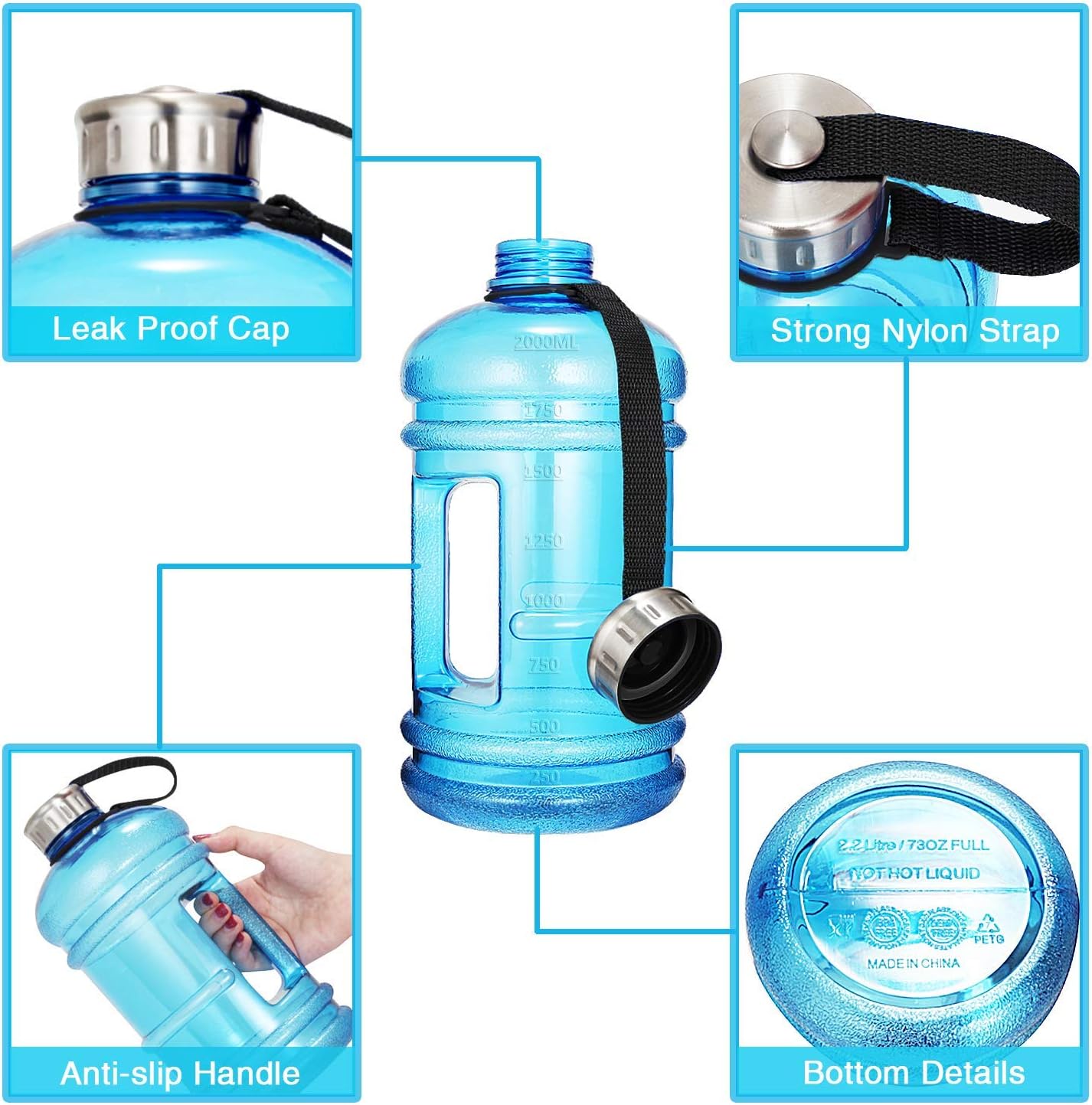 Vaupan Half Gallon Big Water Bottle, 2.2L/73 OZ Large Leak Proof Sports Jug with Handle,Huge BPA Free PETG Plastic Wide Mouth Drinking Container Flask for Fitness Gym Biking Travel Outdoor Water Jug