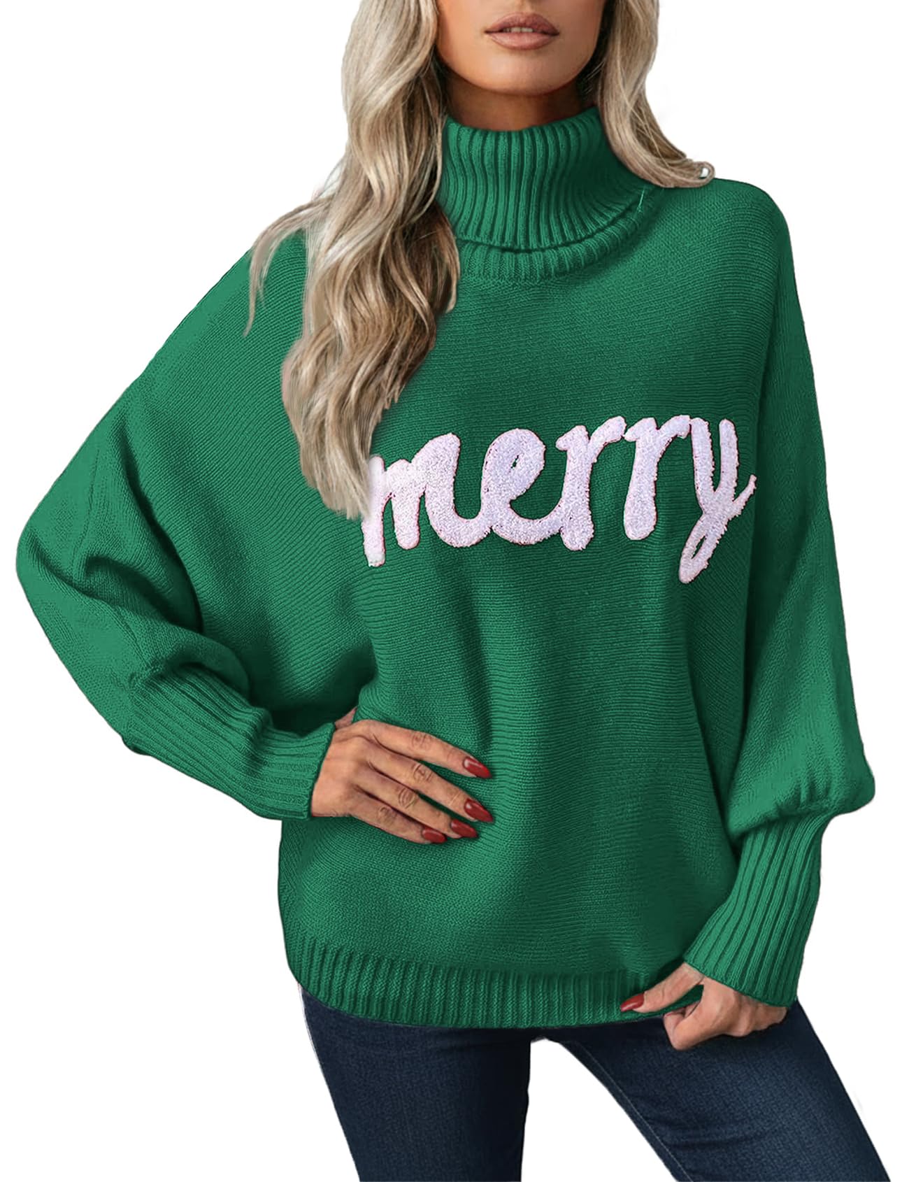 Wyeysyt Ugly Christmas Sweater Women Batwing Sleeve Turtleneck Merry Christmas Sweaters Xmas Knitted Pullover Tops