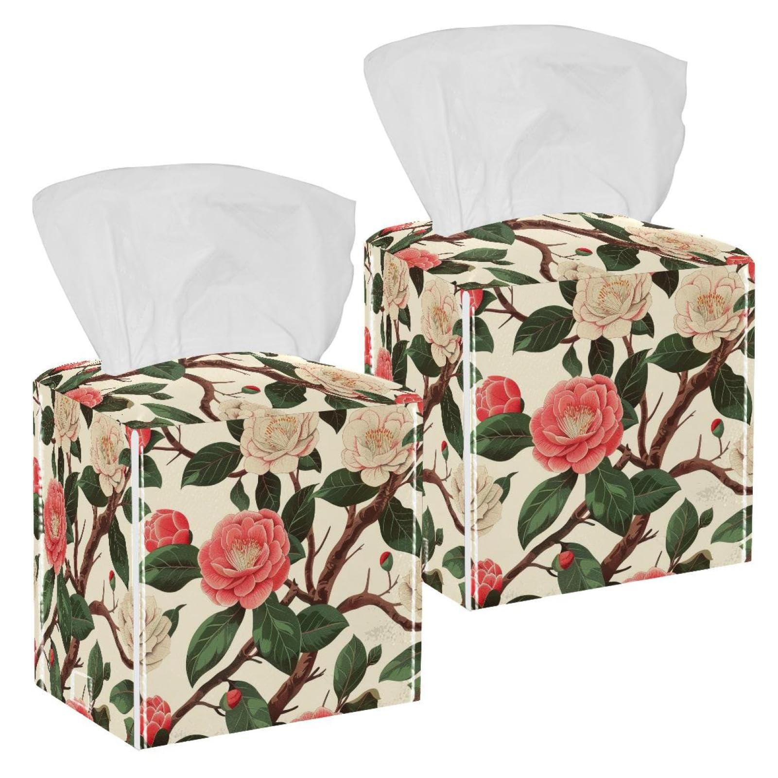 Camellia Print Tissue Box Cover, 2 Pack PU Leather Square Facial Tissue Dispenser Box holder for Home Office Car