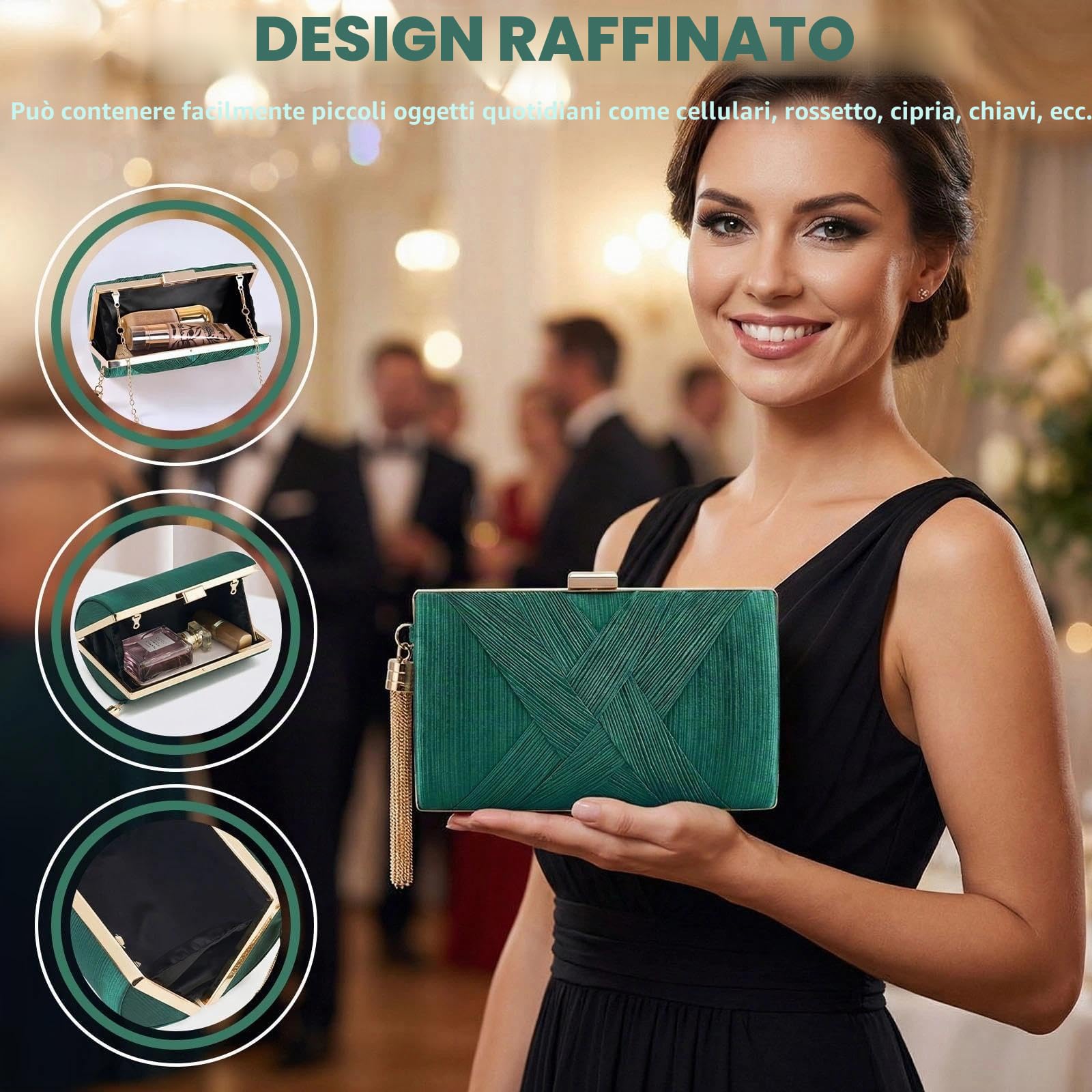 Pochette Oro da Sera Clutch Donna Pochette Dorata Cerimonia con 2 Catena, Elegante Borsa da Sera con Nappa da sposa Borsa Tracolla Piccola Borsetta per Feste di Matrimonio (Verde)
