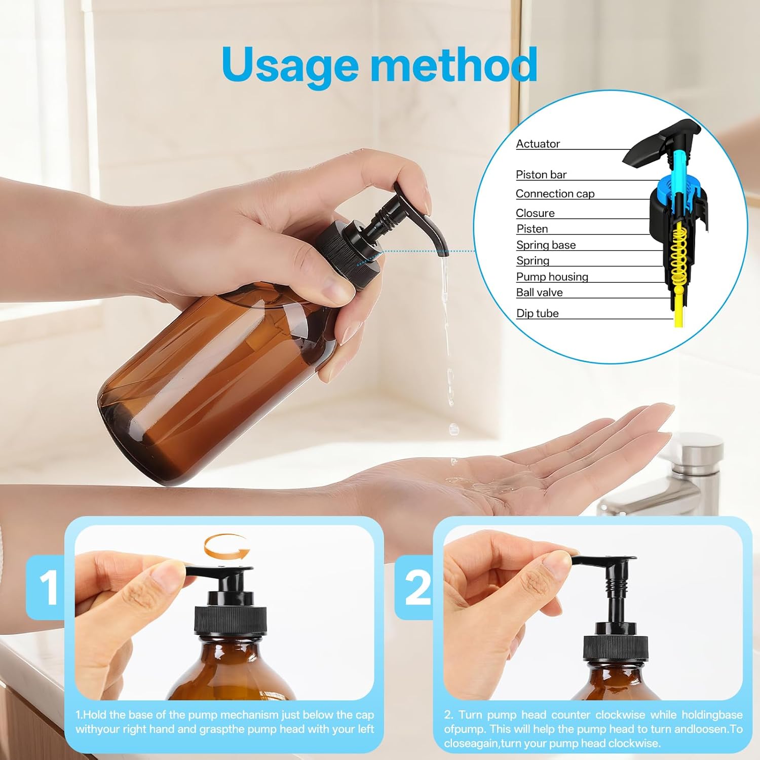 アンバーガラスソープディスペンサー 8オンス 漏れ防止ポンプ付き 詰め替え可能な小さなガラスボトル ハンドソープ、ローション、シャン