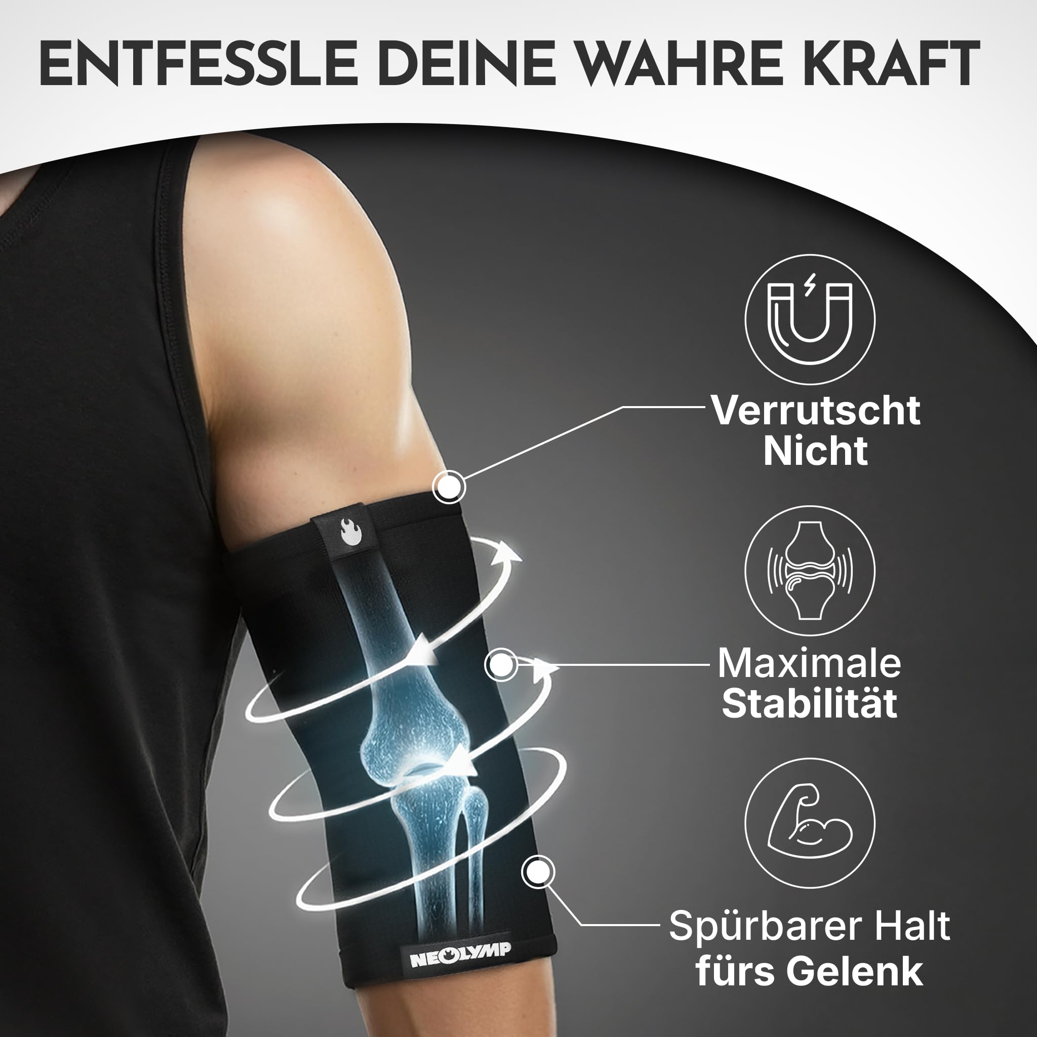 NEOLYMP Ellenbogenbandage Kraftsport – Kompressionsbandage für Bodybuilding, Tennisarm & Golferarm – Stabilität bei Dips & Push-Ups – Elastische Bandage (Schwarz, L | 31-36 cm)