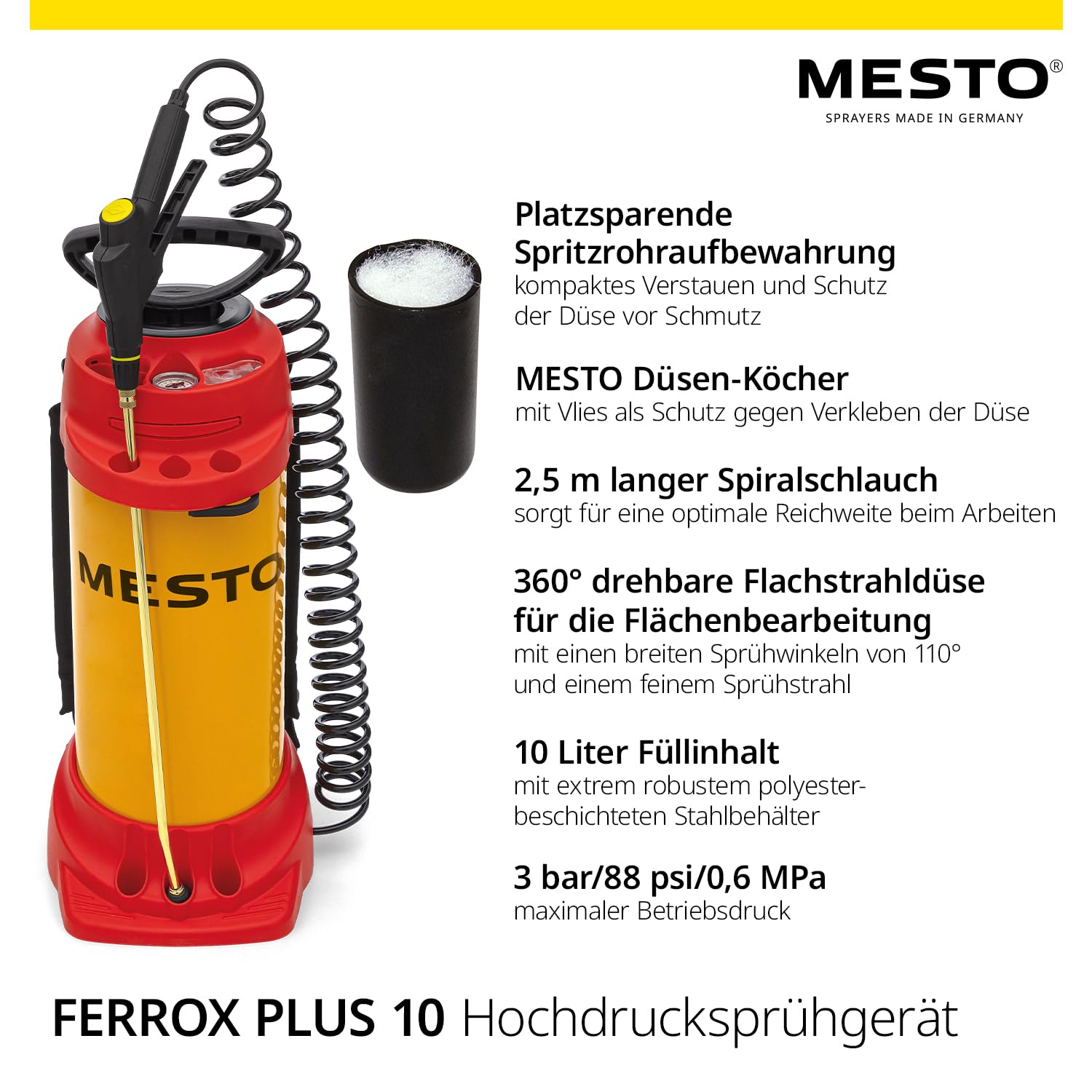 MESTO FERROX PLUS 10 Hochdrucksprühgerät 10L SET inkl. MESTO Köcher | Drucksprüher 6 Bar | Pumpsprühflasche für Bauchemikalien | Drucksprühflasche Industrie | Ölsprüher | Pumpsprüher | Flachstrahldüse