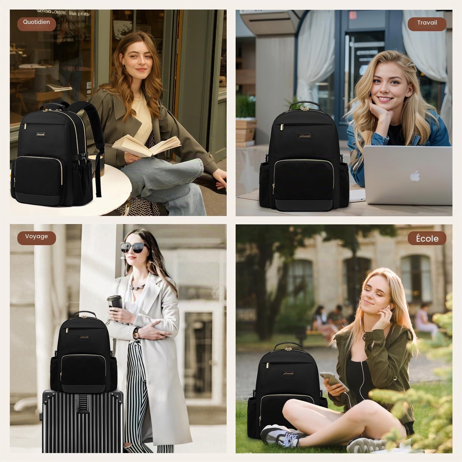 LOVEVOOK Sac à dos pour femme avec poche pour grande gourde, pour ordinateur portable de 15,6 pouces, idéal pour le voyage, le travail, les affaires et les enseignants universitaires, étanche.