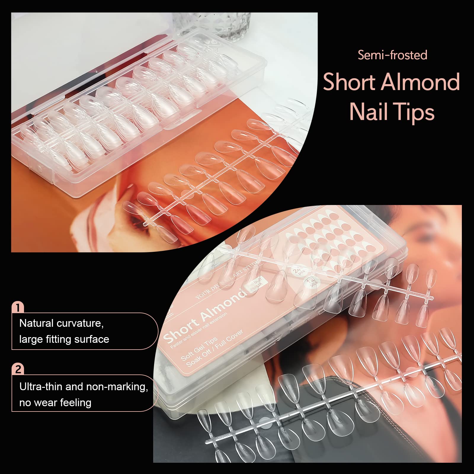 X&D Short Nail Tips Pre-buff PMMA Ultra Thin False Nails, 240pcs Soft Gel Full Cover Fake Almond Nail Tips Soak Off X Gel Nail Extensions in 12 sizes