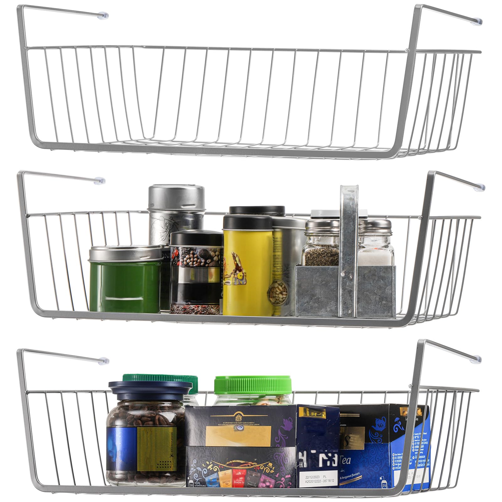 Jucoan 3 Stück Regalkörbe, 38 x 25,4 x 15 cm, zum Einschieben, Drahtkörbe, zum Aufhängen unter dem Schrank, Regal, Aufbewahrungskörbe für Küche, Speisekammer, Schrank, Bücherregal, groß