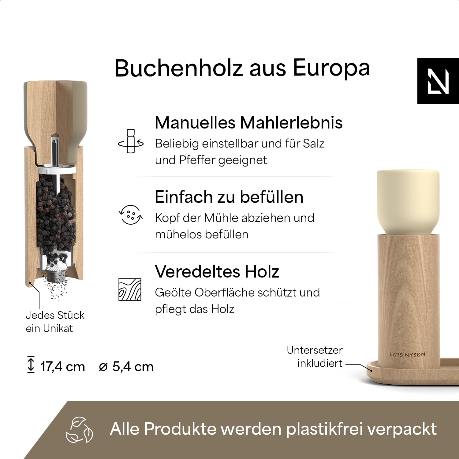 LARS NYSØM Salz und Pfeffermühle Holz Set - Manuelle Holzmühlen mit Keramikmahlwerk und Untersetzer - Große Pfeffermühle & Salzmühle für Grobes Salz - Gewürzmühle für Küche oder Tisch