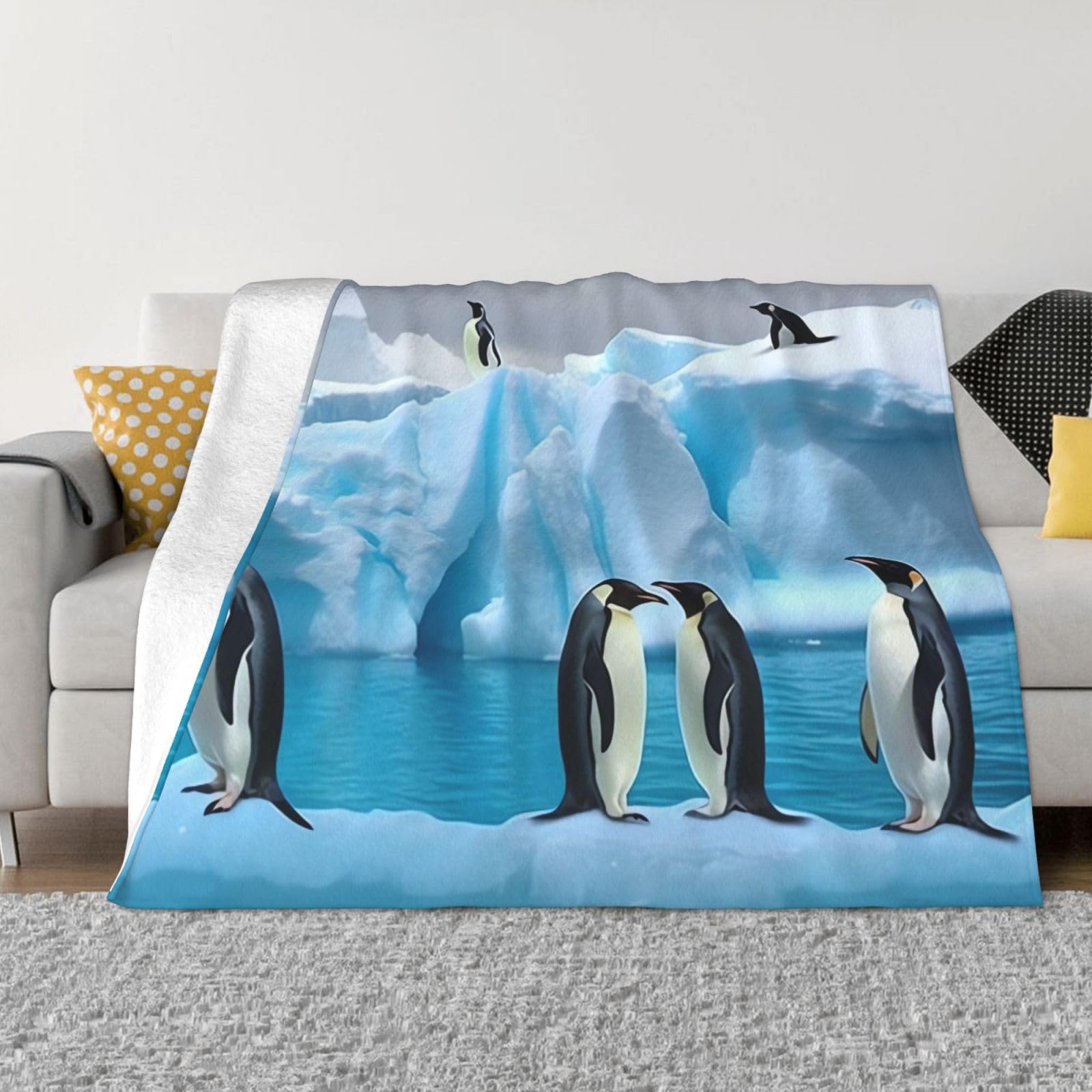 KLOPH Penguins On The Iceberg Throw Blanket 80"x60" Flannel Fluffy Warm Blanket for Couch, Reversible Plush Blankets for Bed, Comfy Fuzzy Blanket for Sofa, Plush Lightweight-Blankets for All Season