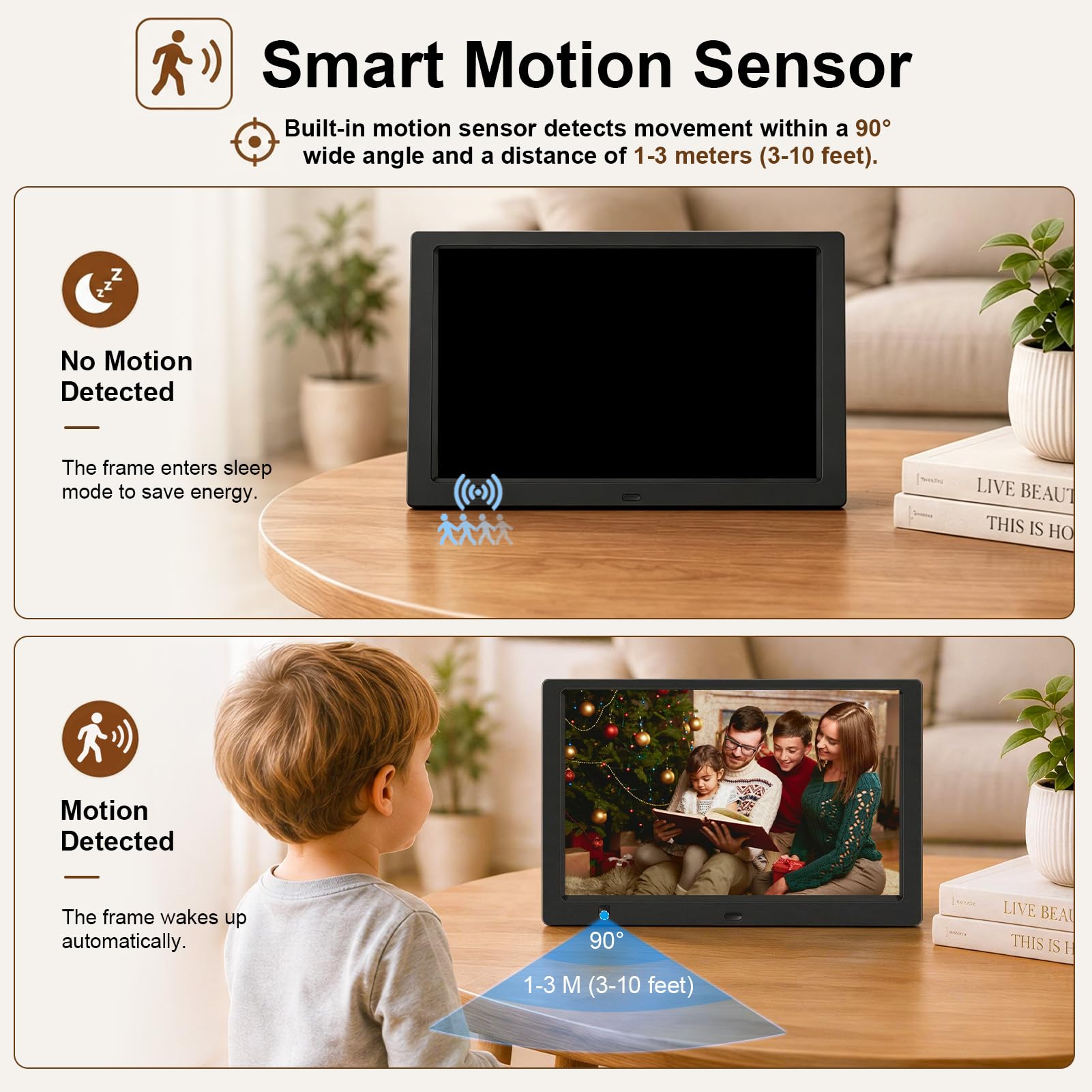 Cadre photo numérique 10,1" avec clé USB de 32 Go, écran HD IPS 1920 x 1080, capteur de mouvement, vidéo, musique, partager des moments via carte SD ou USB, avec télécommande, noir