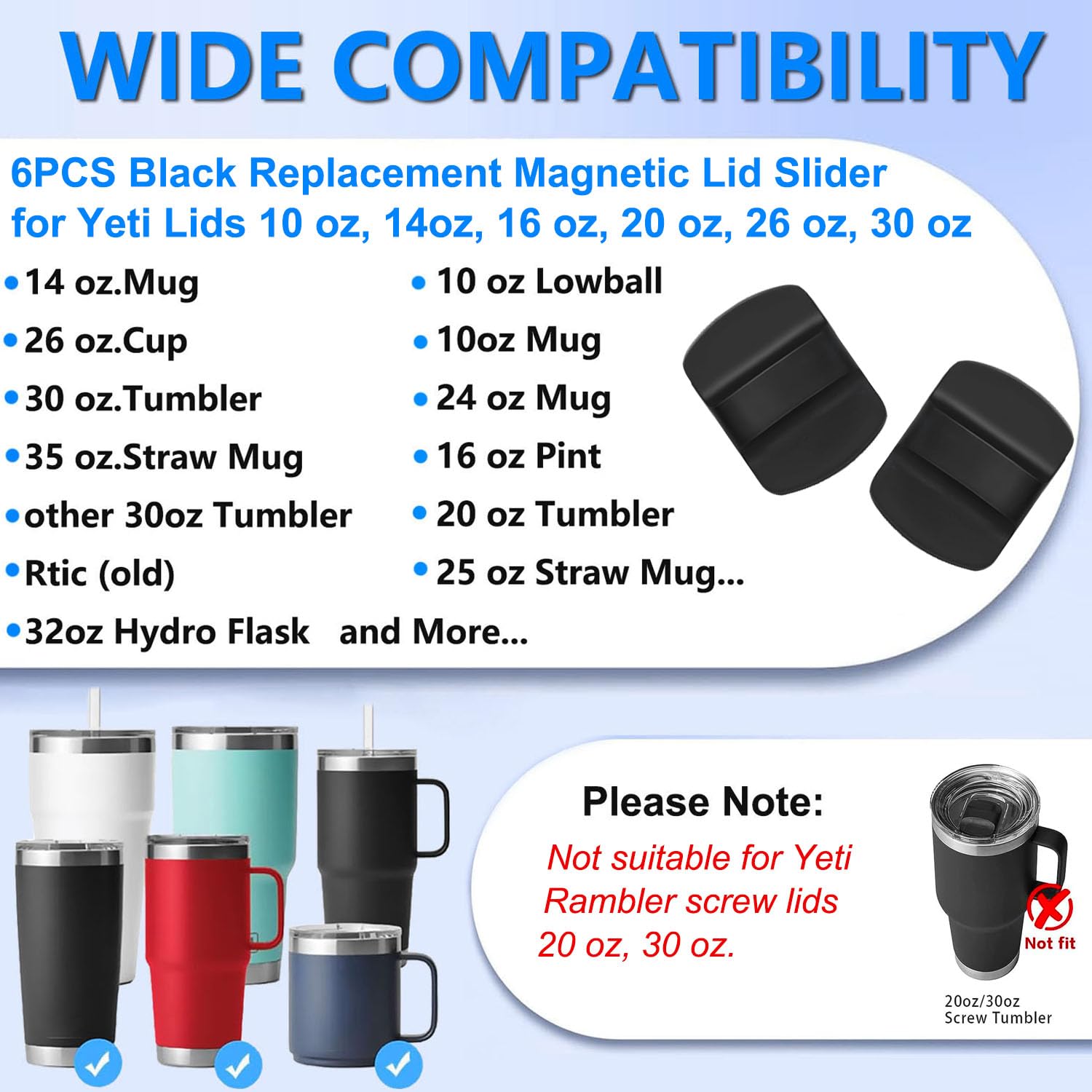 6Pcs Magnetic Lid Slider Replacement for Yeti, Lid Slider Push Block Parts for Yeti Rambler 10 oz, 14 oz, 16 oz, 20 oz, 26 oz, 30 oz Magnetic Lids, Black - 3