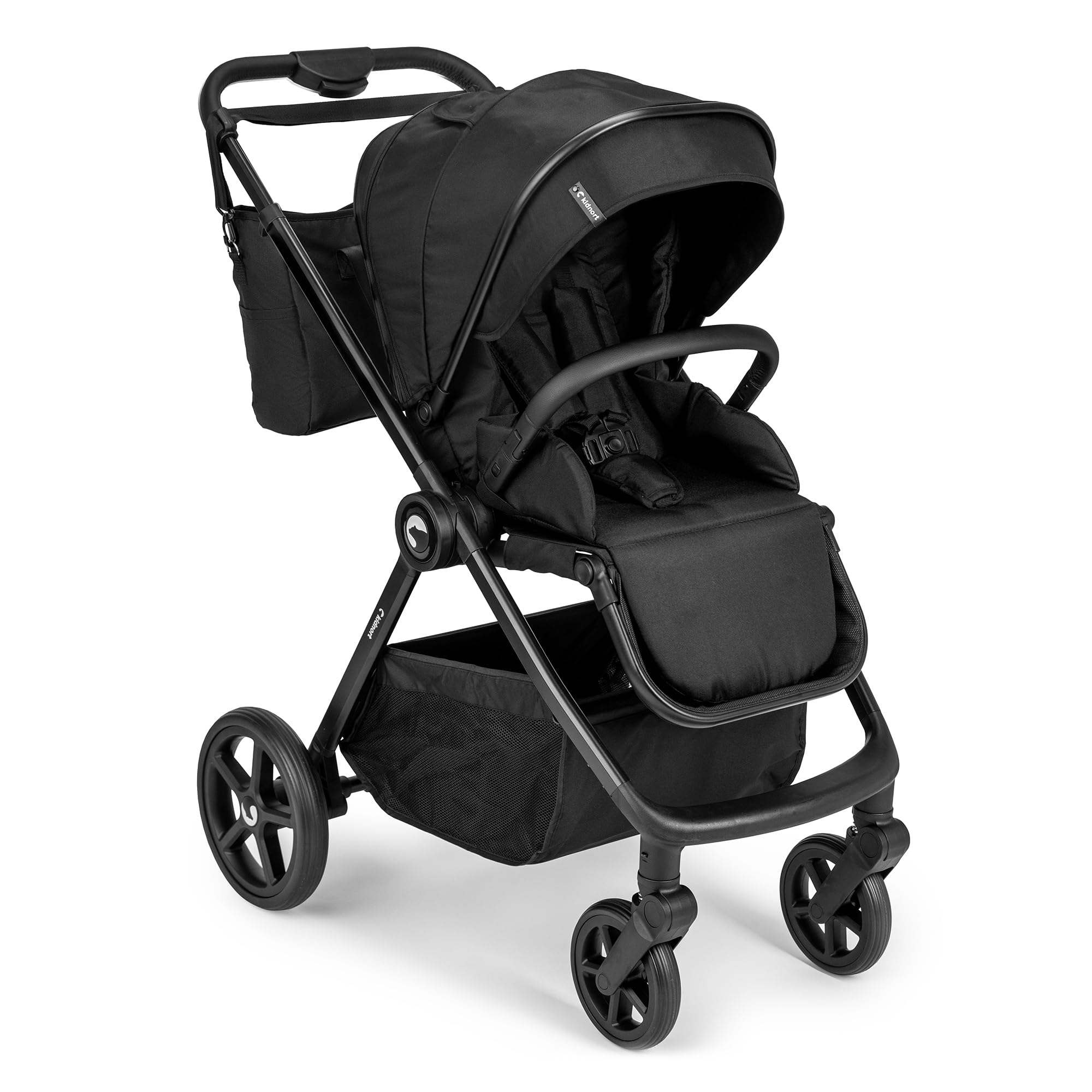 Kidnort Älskar Buggy Kinderwagen, wendbarer Sitz, faltbar, kompakt, bis 22 kg, verstellbare Rückenlehne, UV-Schutzdach, 5-Punkt-Gurt, Regenverdeck, Moskitonetz, Tasche Schwarz