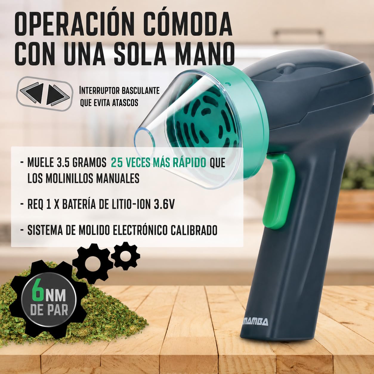 Mamba Monster Molinillo 3,5g para Especias Recargable USB, Verde | 3,5g capacidad, tubo cargador integrado, molienda unimanual, ideal para hierbas y especias de cocina