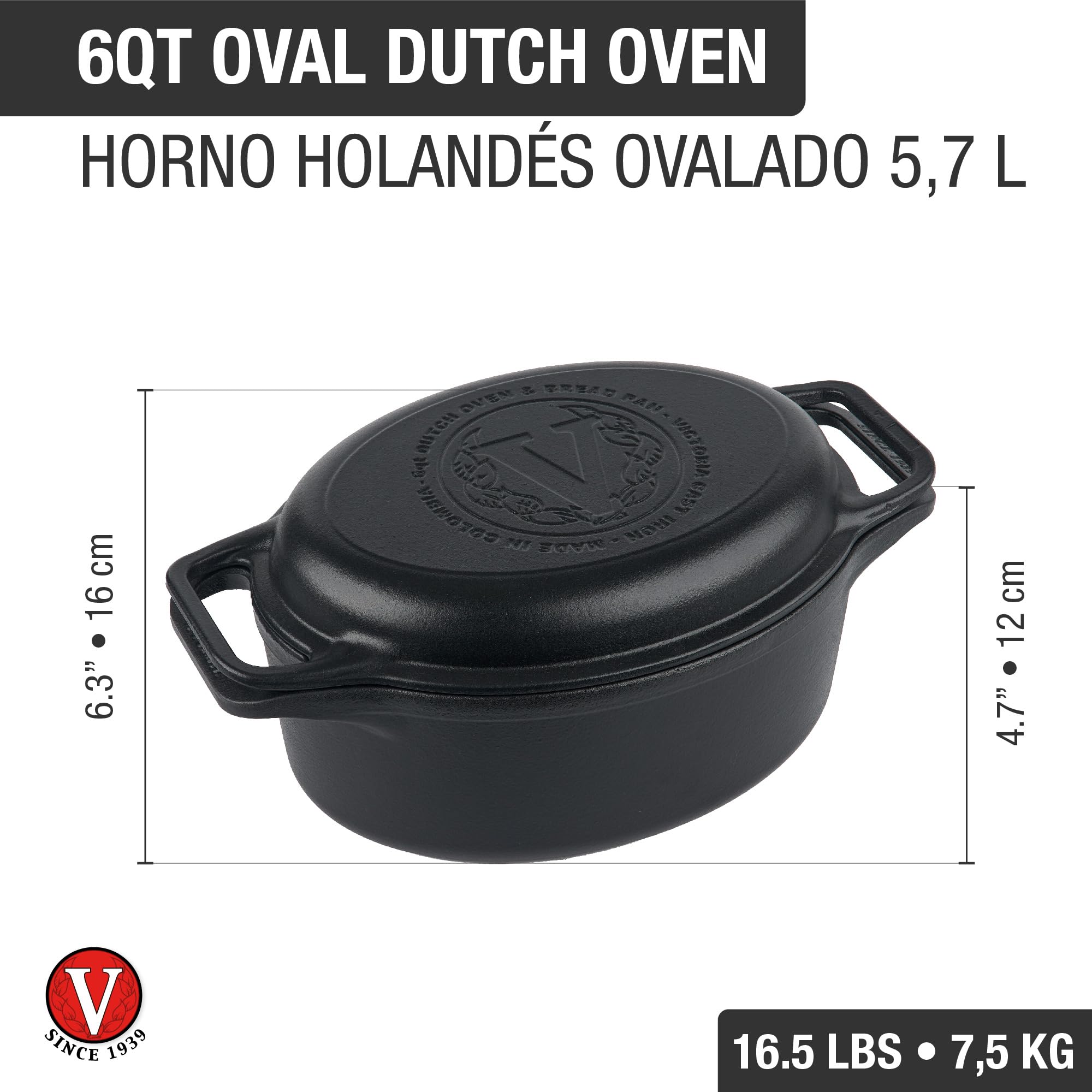 Victoria Holenderski piec indukcyjny garnek i patelnia żeliwna emaliowana 31 cm owalny, zestaw 2 szt. Cocotte 5,7 l, bez PTFE i PFOA, nadaje się do ognia, grilla, piekarnika, kuchenki ceramicznej,