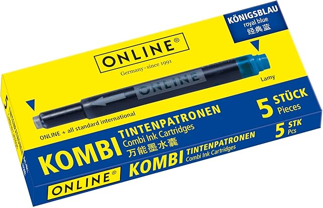 Online double-sided pen ink cartridges, universal pen refills, compatible with all common fountain pens, even Lamy pens - 5 spare cartridges - Erasable, washable, colour royalblue, 17036/12