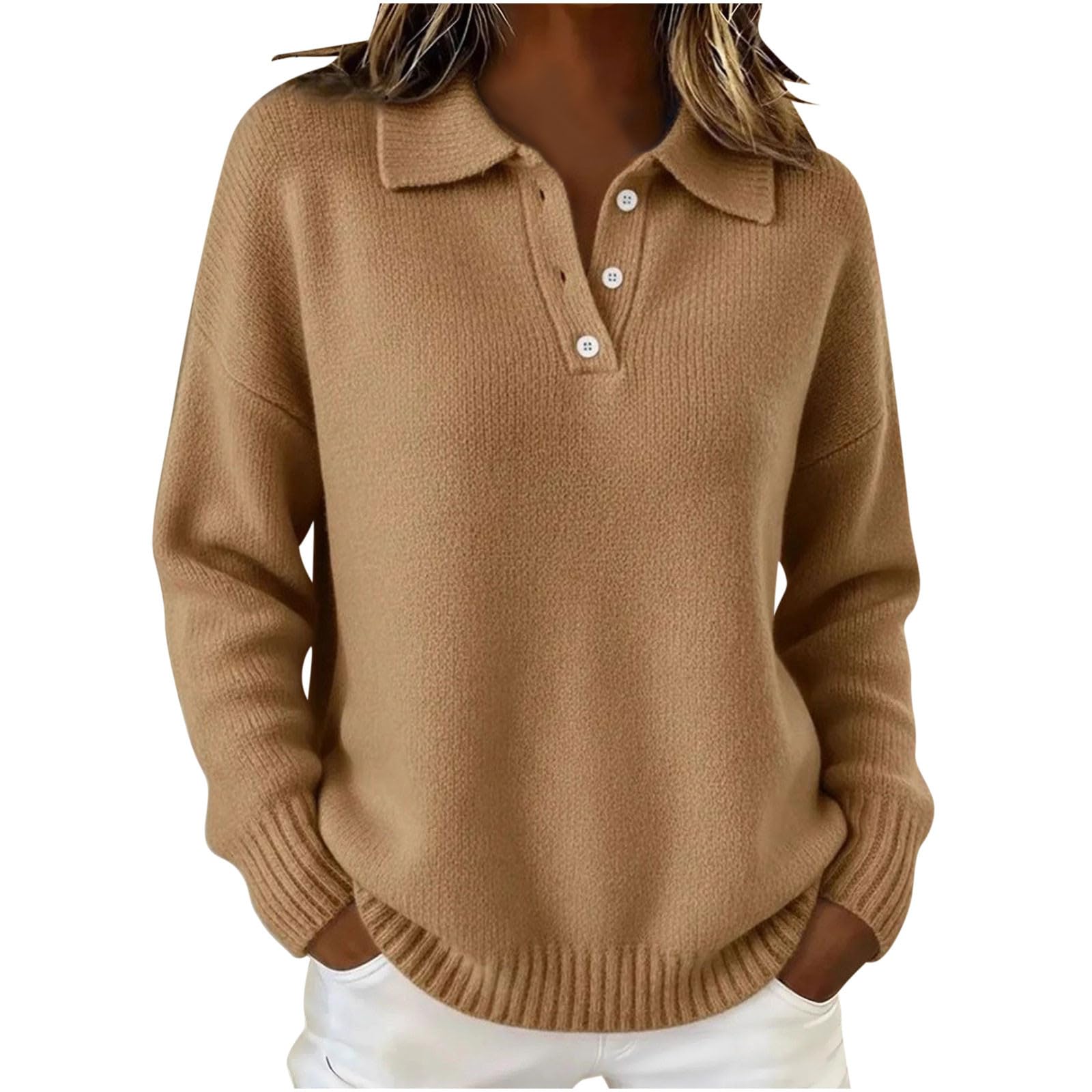Pull élégant pour femme - Col polo - Pull en tricot - Grandes tailles - Manches longues - Décontracté - Couleur unie