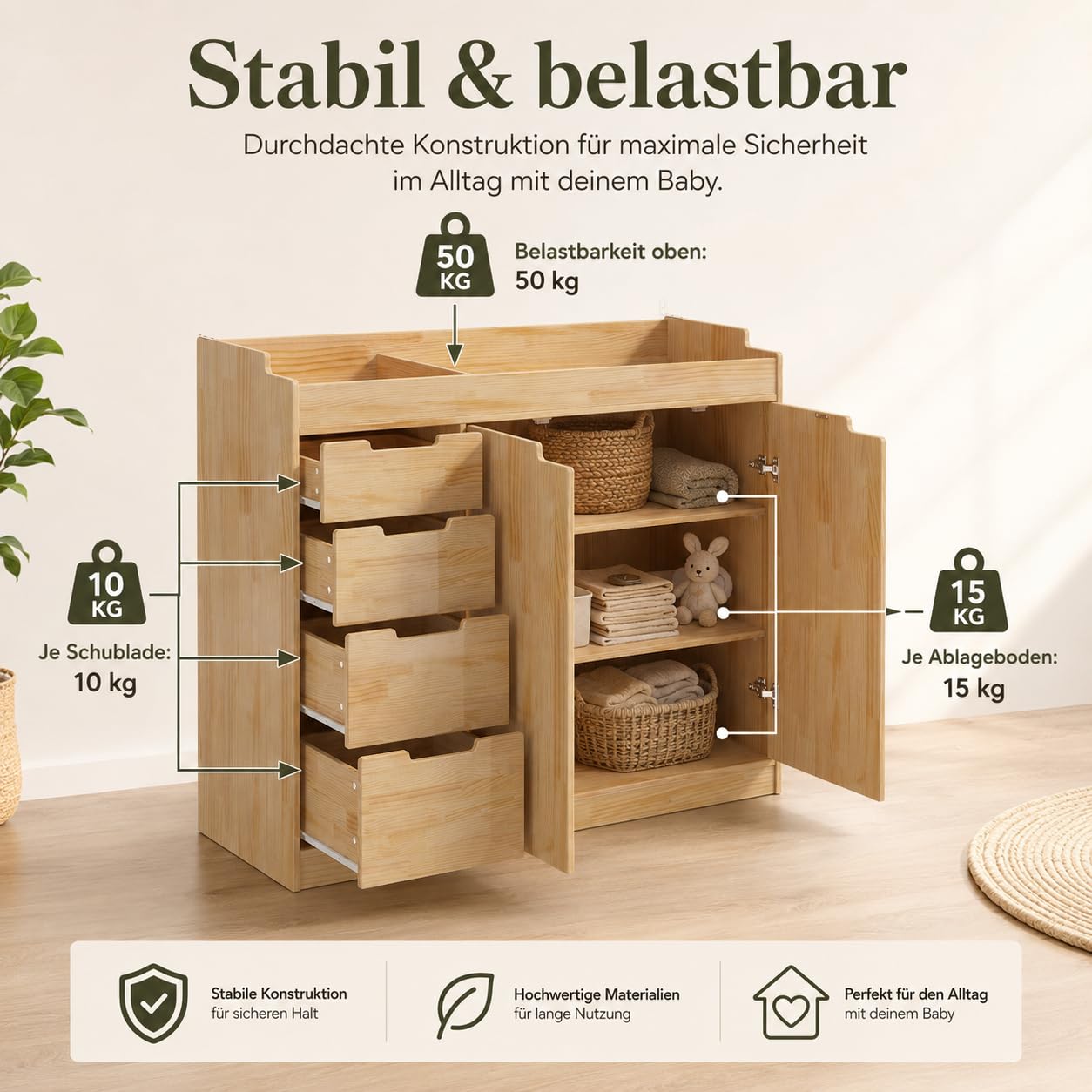 Cambiador bebé con 4 cajones y 2 puertas, cómoda madera infantil