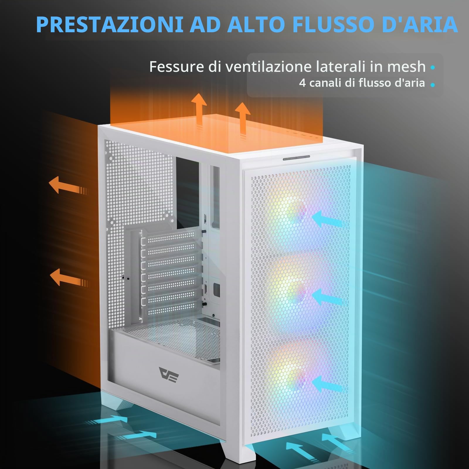 darkFlash Case PC Mid-tower ATX Gaming, 3x120mm Ventole RGB Fisse Preinstallate, Pannello Frontale Rete Grande Rimovibile, USB 3.0, Pannello Laterale Vetro Temperato, Case Flusso D'aria, Bianco(DRX70)