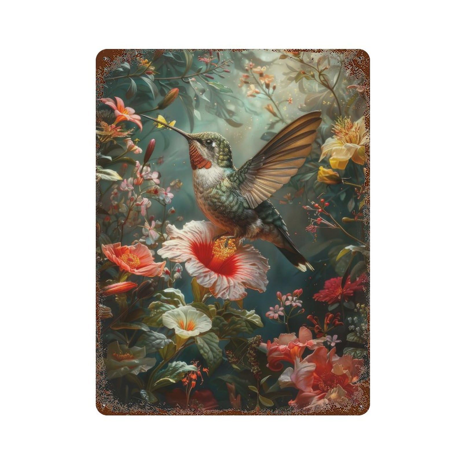 Floral Hummingbird 15.7"x11.8" Rustic Tin Plaque, Industrial Home Decor for Farmhouse, Kitchen And Entryway Decor