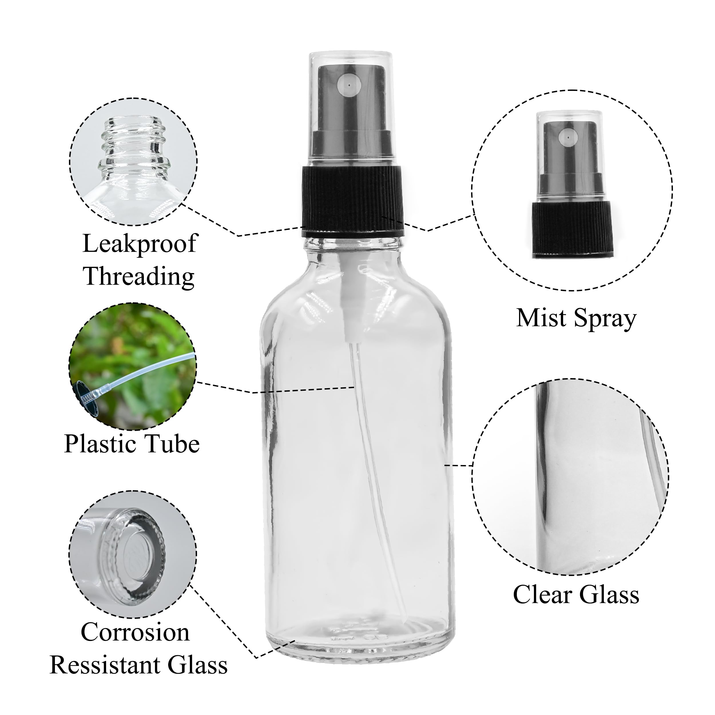 Happy Packaging 50ML Clear Round Empty Glass Botlle With Black Mist Spray and Over Cap| Refillable | Leak Proof For Essential Oils | Reusalble | DIY Perfumes | DIY serums Pack of 3 - Image 2 thumbnail