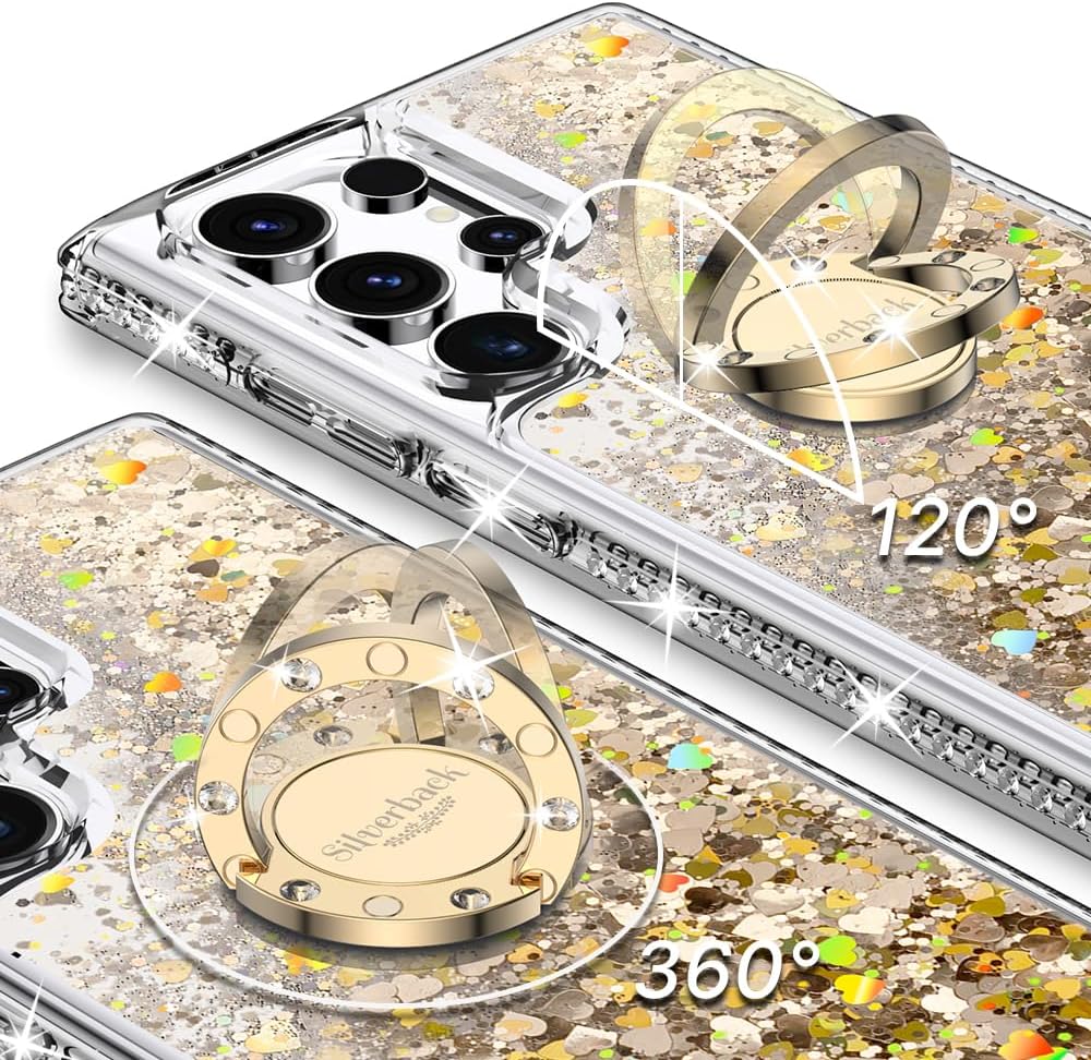 Silverback for Samsung Galaxy S24 Ultra Case with Ring, Women Girls Bling Holographic Sparkle Glitter Cute Cover,Diamond Ring Protective Phone Case for Galaxy S24 Ultra - Clear Gold image 3