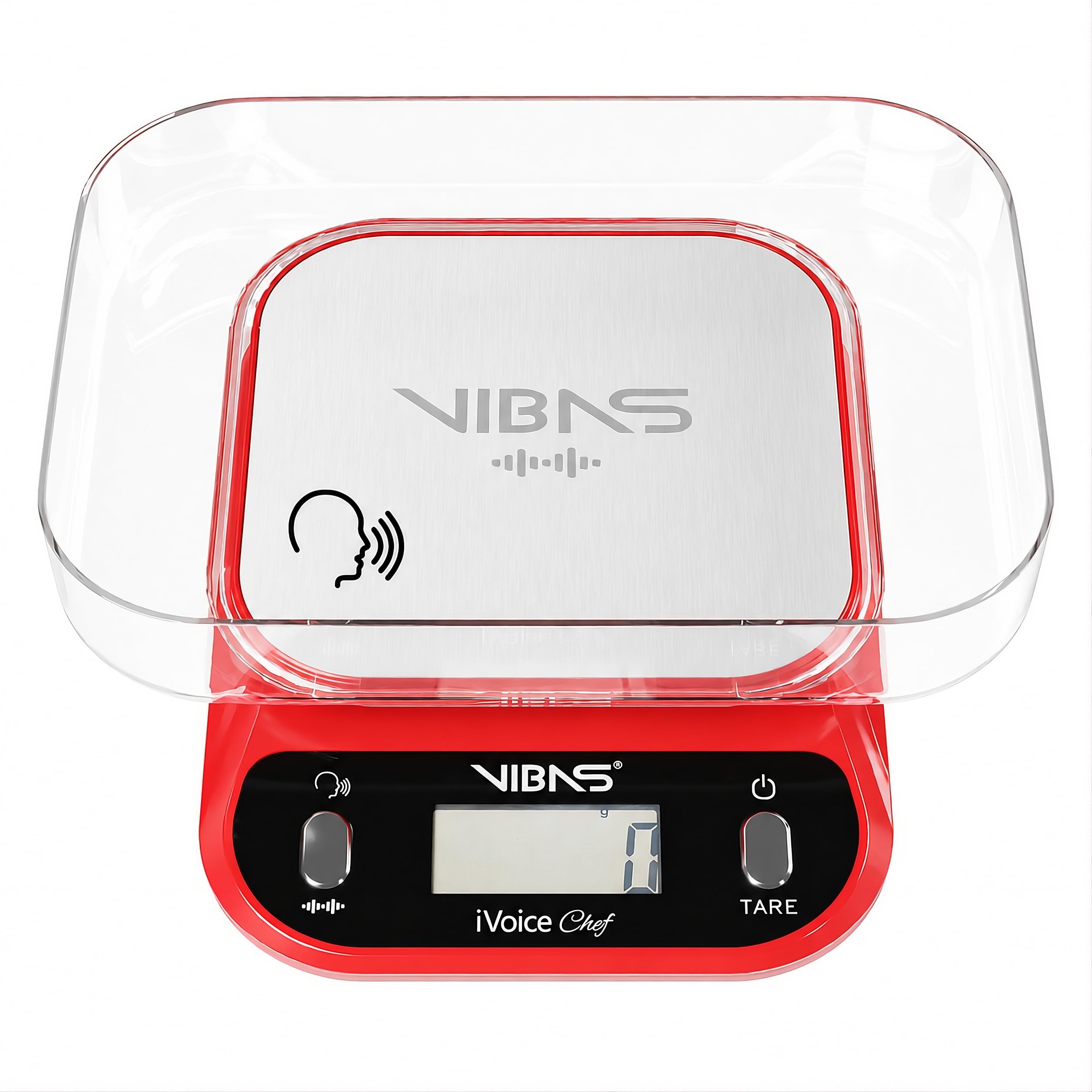 Sprechende Küchenwaage VIBAS iVoice Chef mit Schüssel, für Sehbehinderte und Senioren, 5 Sprachen, akustische Signale, Gewichtswiederholung, einstellbare Lautstärke, 10 kg, Batterien inklusive