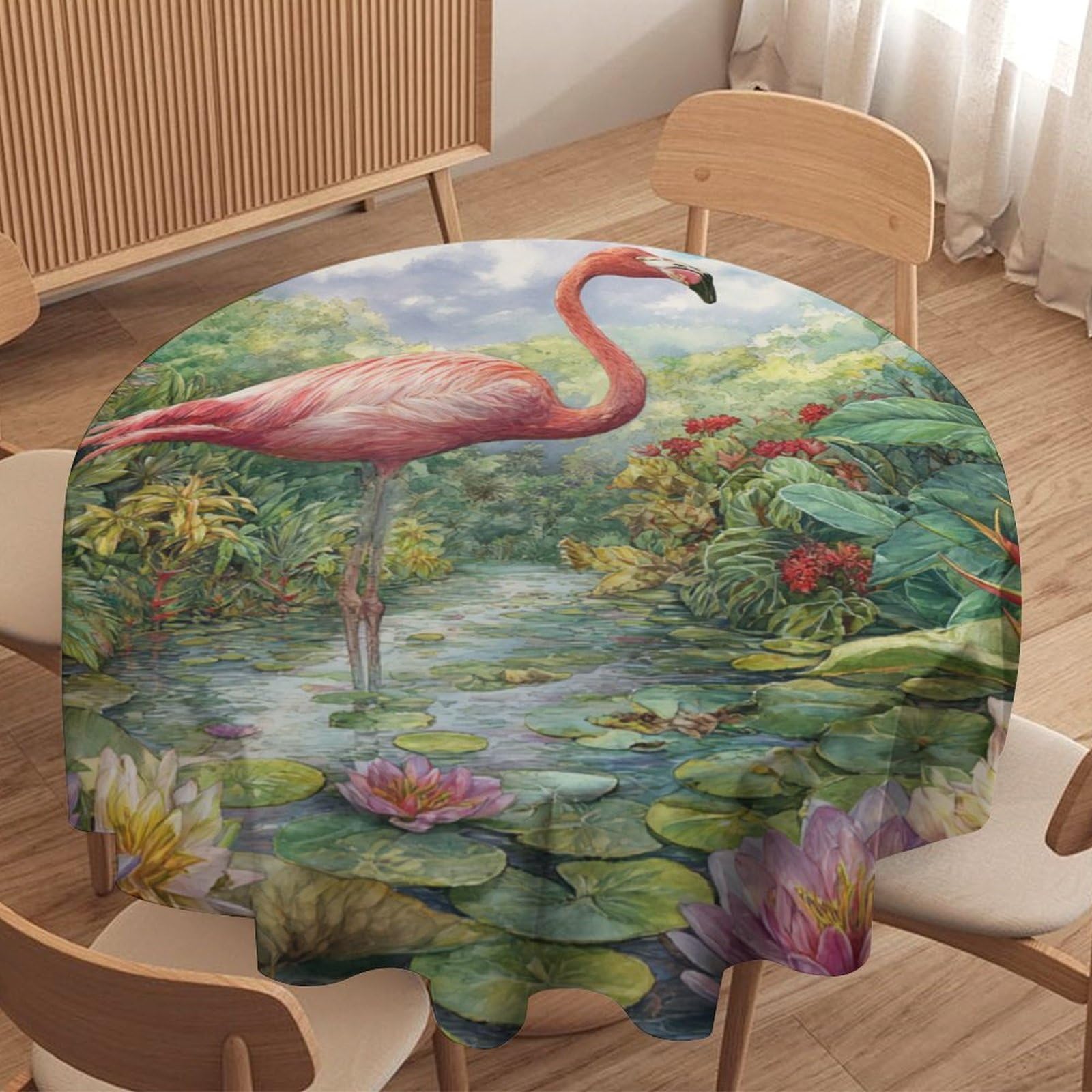 LUYYSKY Beautiful Funny Bird Flamingos Waterproof Round Tablecloth Retro Realistic Tropical Plants Flowers Animals Flamingos Washable Table Cover for Kitchen-127 Wx127 L cm