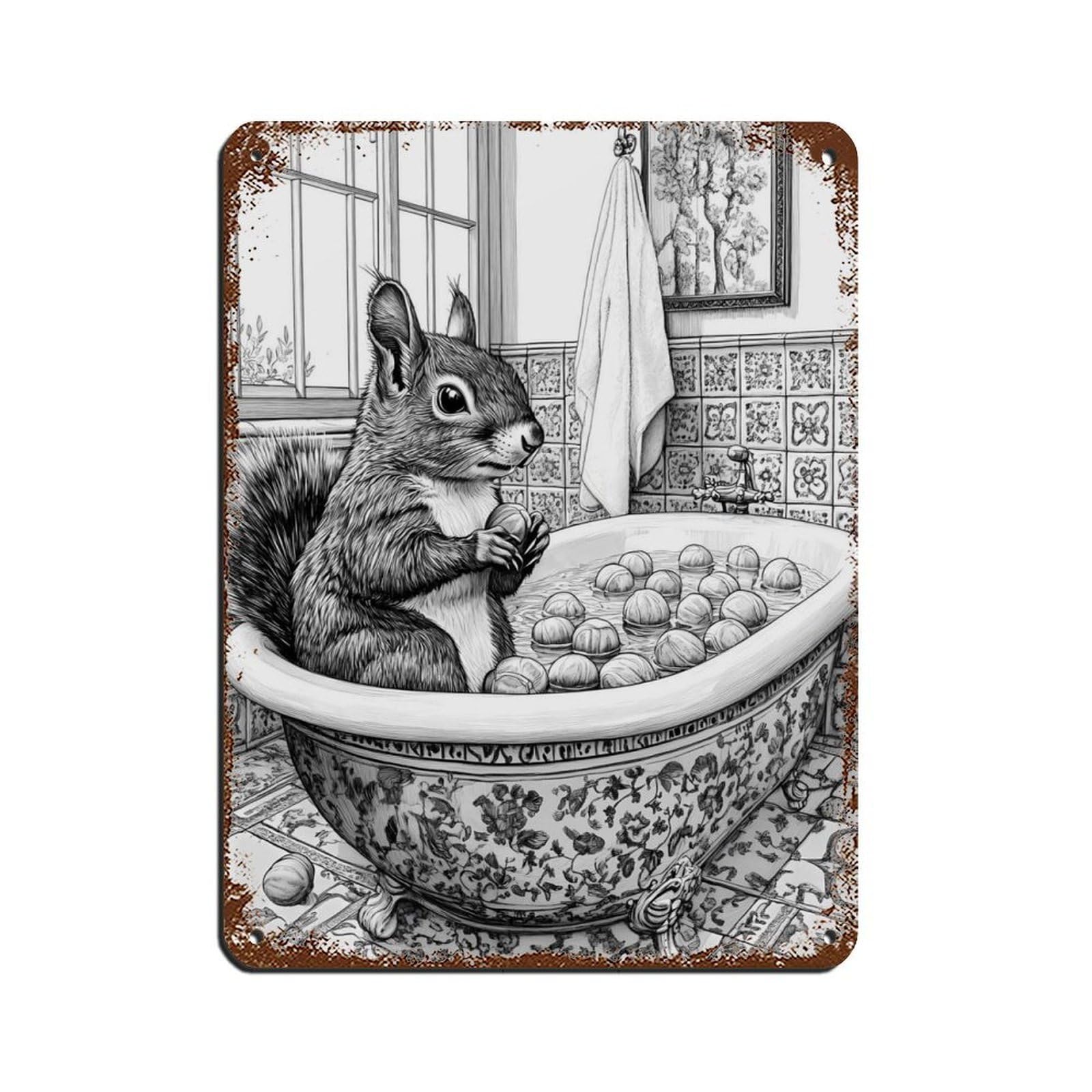 Squirrel in Bathtub, Quirky Home Decor Retro Poster Metal Tin Sign Chic Art Retro Iron Painting Bar People Cave Cafe Family Garage Poster Wall Decoration 12x16inch(30x40cm)