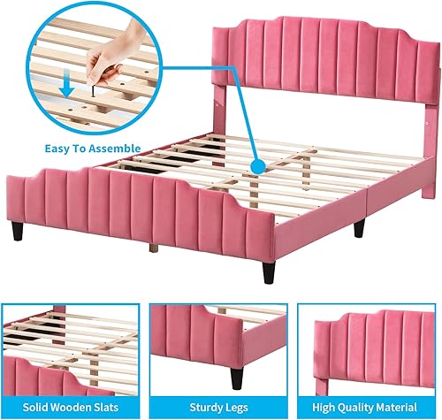 Miniatura 6 de Mjkone Marcos de cama de tamaño matrimonial para niños, plataforma de cama matrimonial tapizada en madera con soporte de listones, no necesita