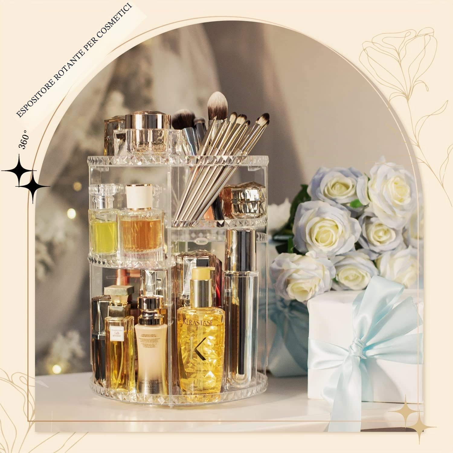 KAHEIGN Organizer per Trucco Rotante a 360°, Supporto per Cosmetici Regolabile in Acrilico 8 Strati di Grande Capacità Portaoggetti per Trucco ProfumoRossetto Costumista Bagno (Chiaro Diamante)