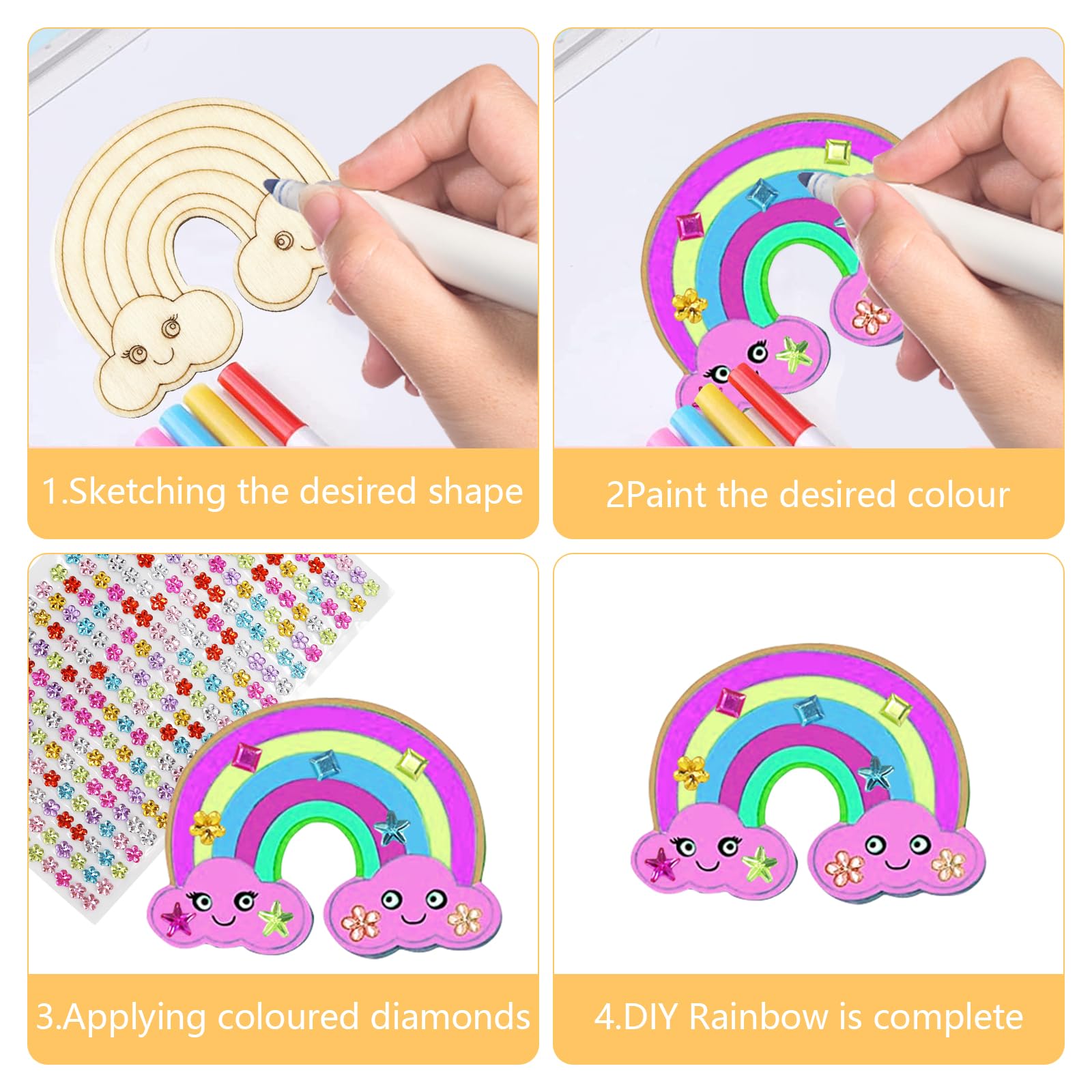 Kit Créatif 40 Licornes En Bois à Peindre - Avec Crayons Aquarelle Et Autocollants Diamant