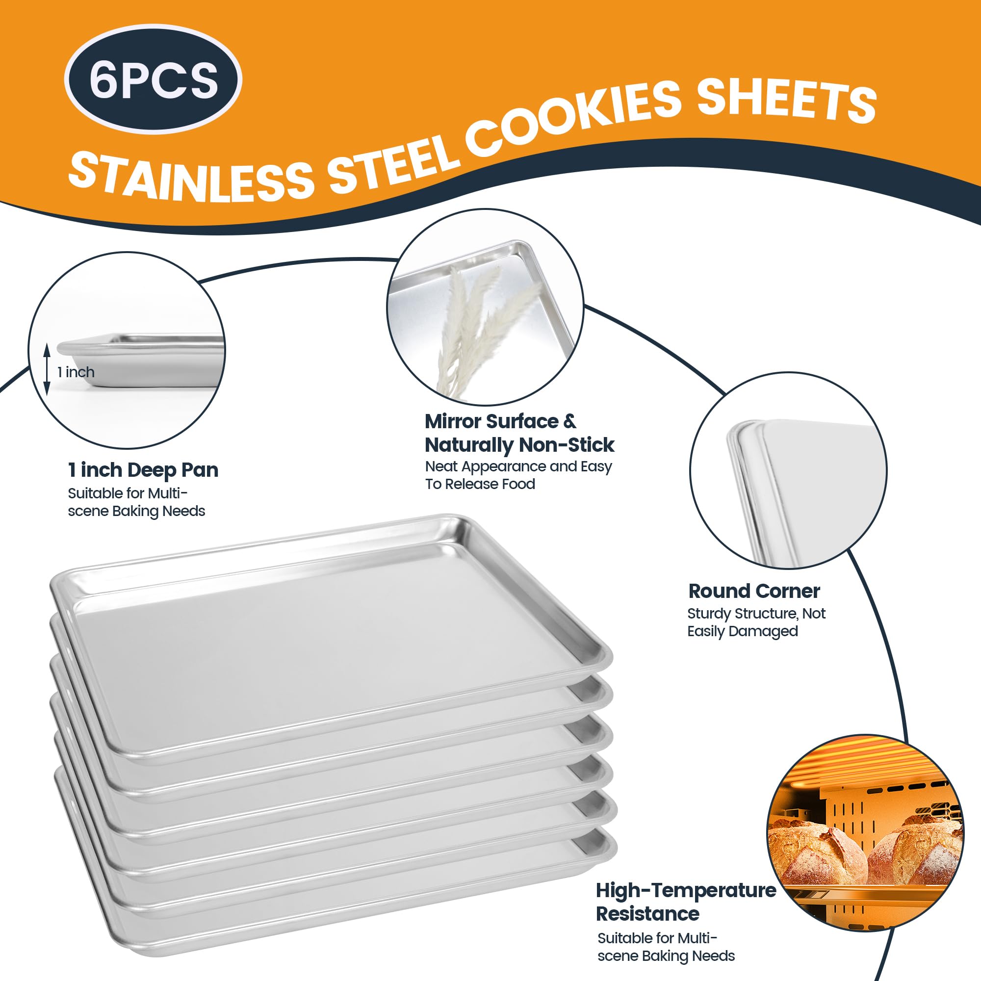 FSUON 6 Pack Half Size Baking Sheet Pan, Aluminum Commercial Cookie