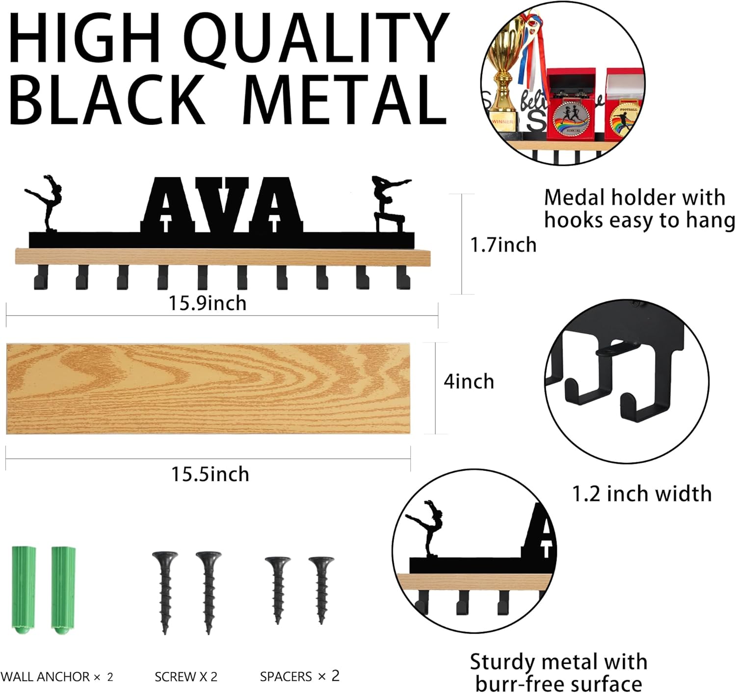Goutoports Personalized Medal Hanger Display Trophy Shelf - Sports Medal Display Rack with Wooden -Custom Text Color and Images for Athletes- Over 60 Medals Easy to Install