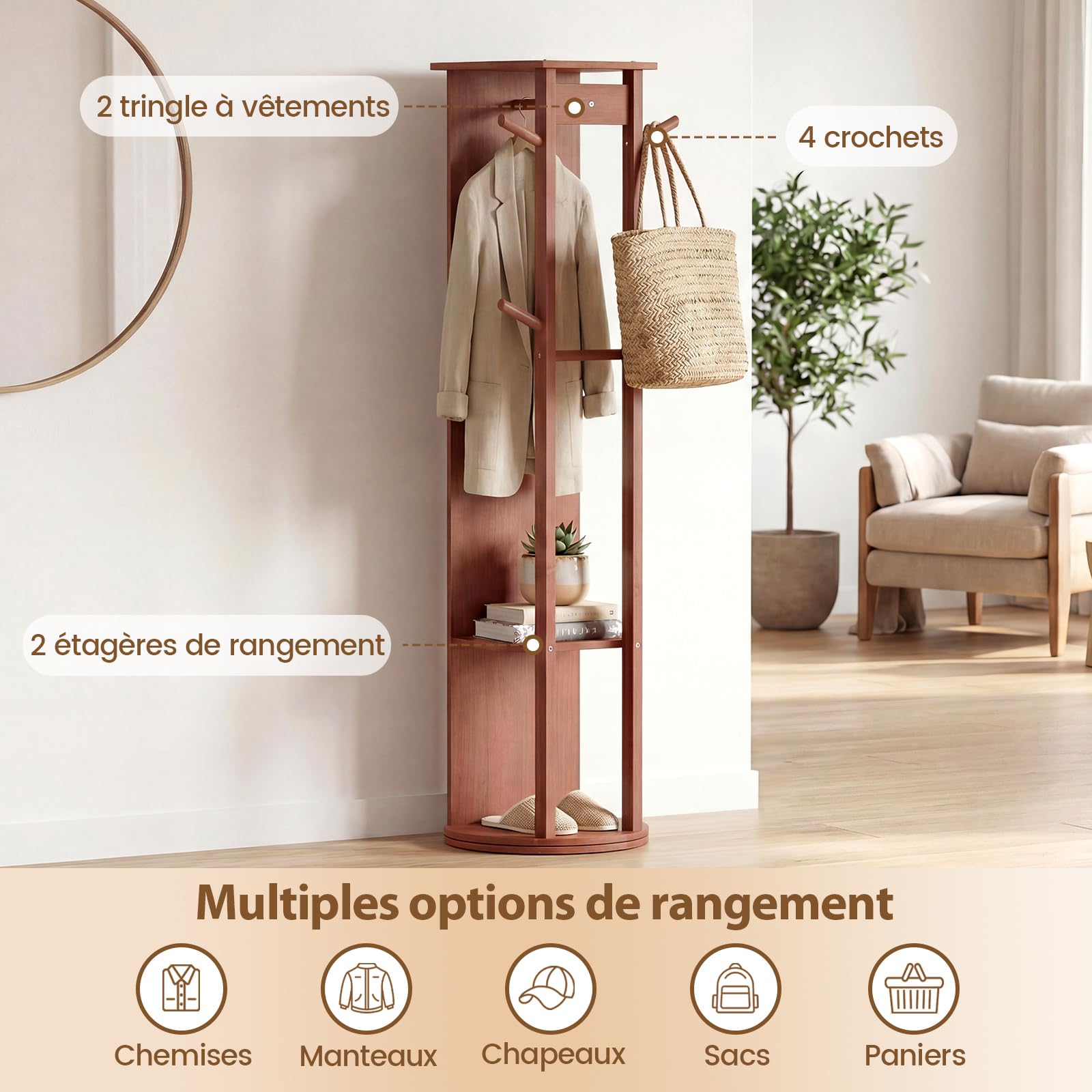 COSTWAY Miroir sur Pied, Grand Miroir avec Porte-Manteau, Base Pivotante à 360°, Cadre en Bois Massif, 2 Étagères de Rangement, 4 Crochets, Barre, pour Chambre Salon (48 x 48 x 168 cm,Noyer)