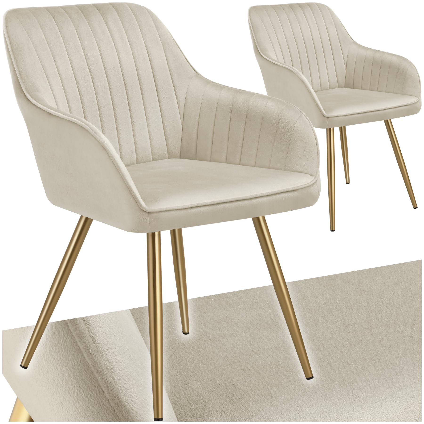 tectake® Set of 2 Dining Chairs with Quilted, Velvet-Look Covers, Softly Padded Armchair Set with Continuous Backrests & Golden Steel Legs, Ideal Kitchen, Living Room & Desk Chairs - Cream/Gold