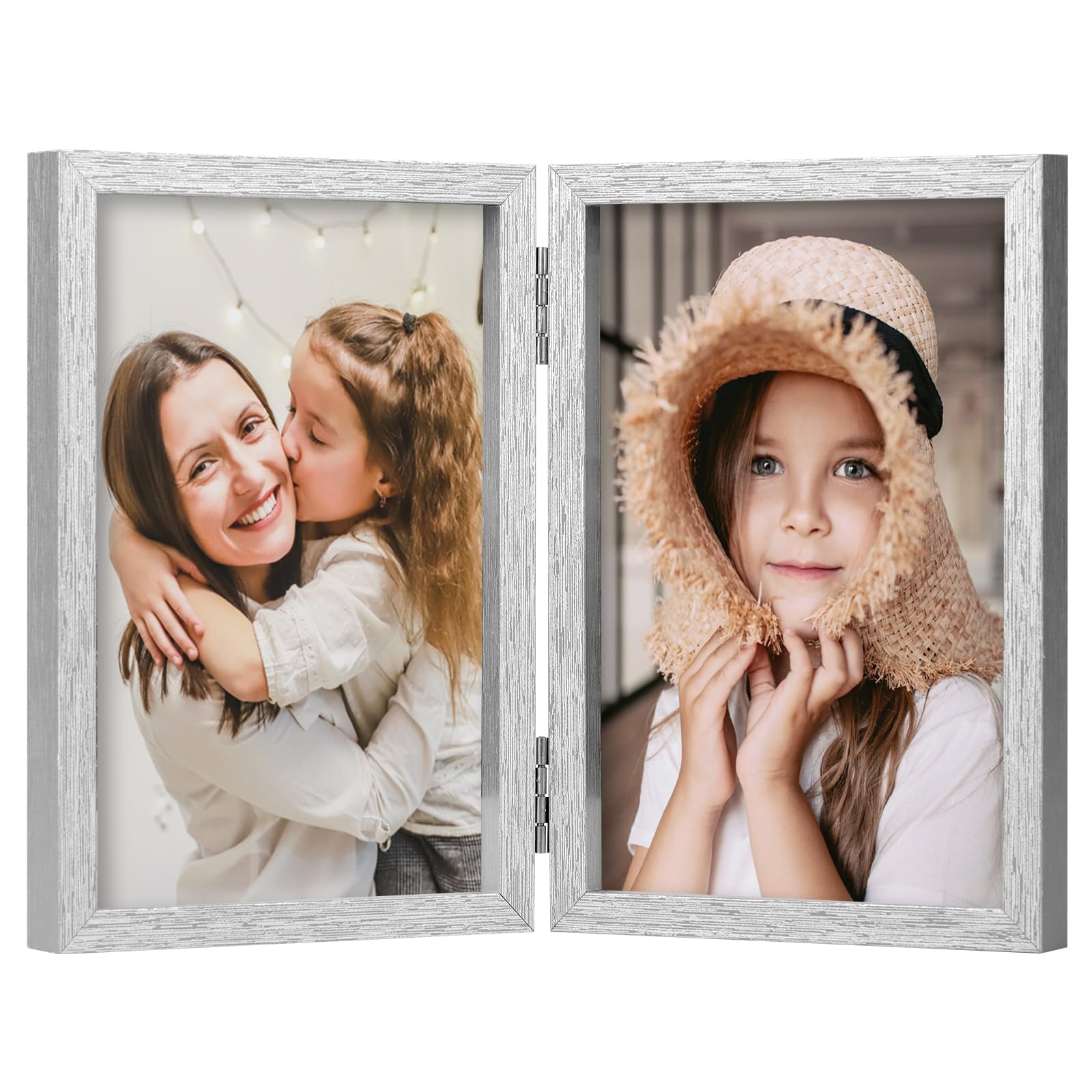 ORIVAN5x7 Double Picture Frames Hinged Folding Photo Frames with Glass Vertical Stand Frames (Silver)