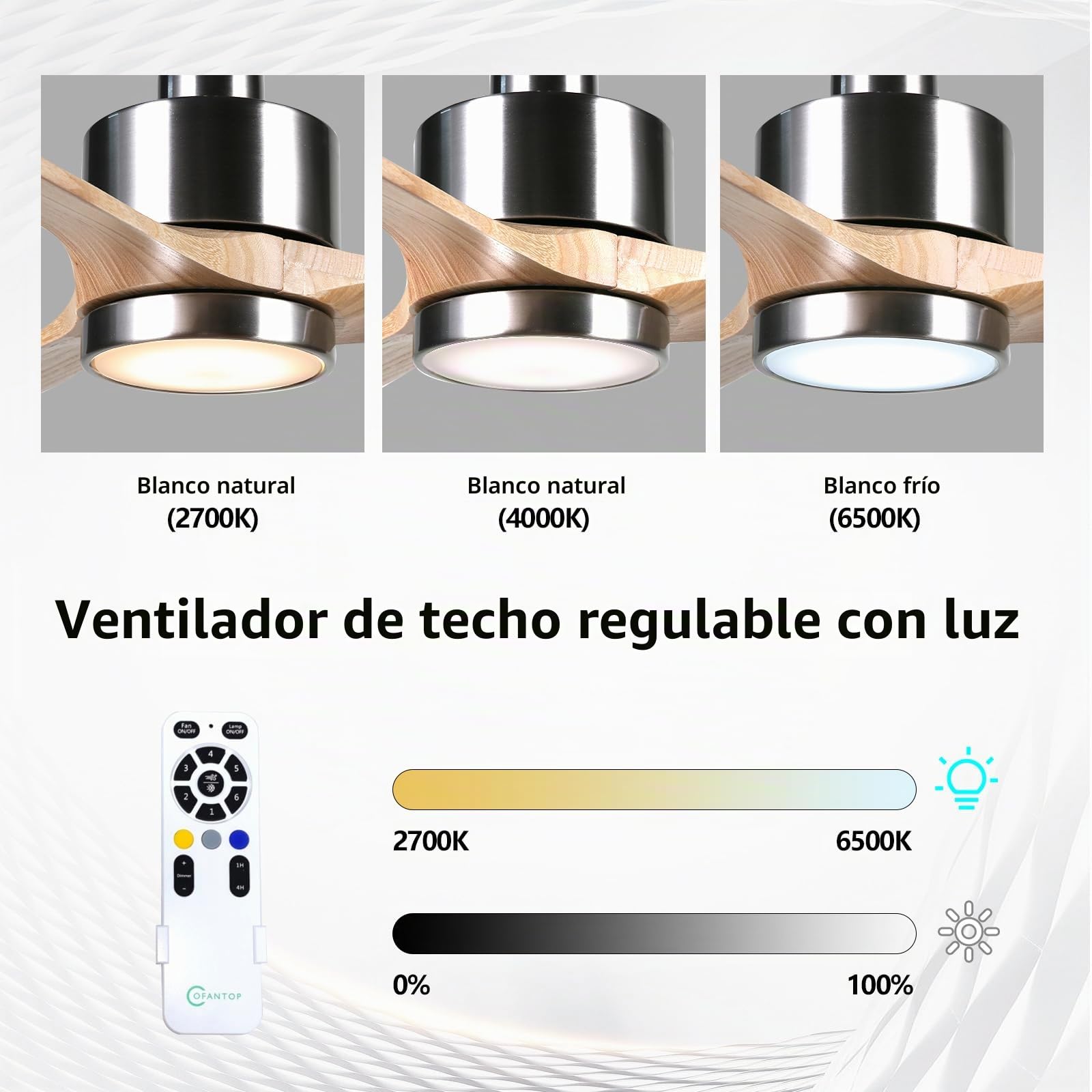 OFANTOP Ventilador de techo moderno de madera, 132 cm, con iluminación | mando a distancia, silencioso, motor DC conmutable para dormitorio, salón y garaje, madera natural