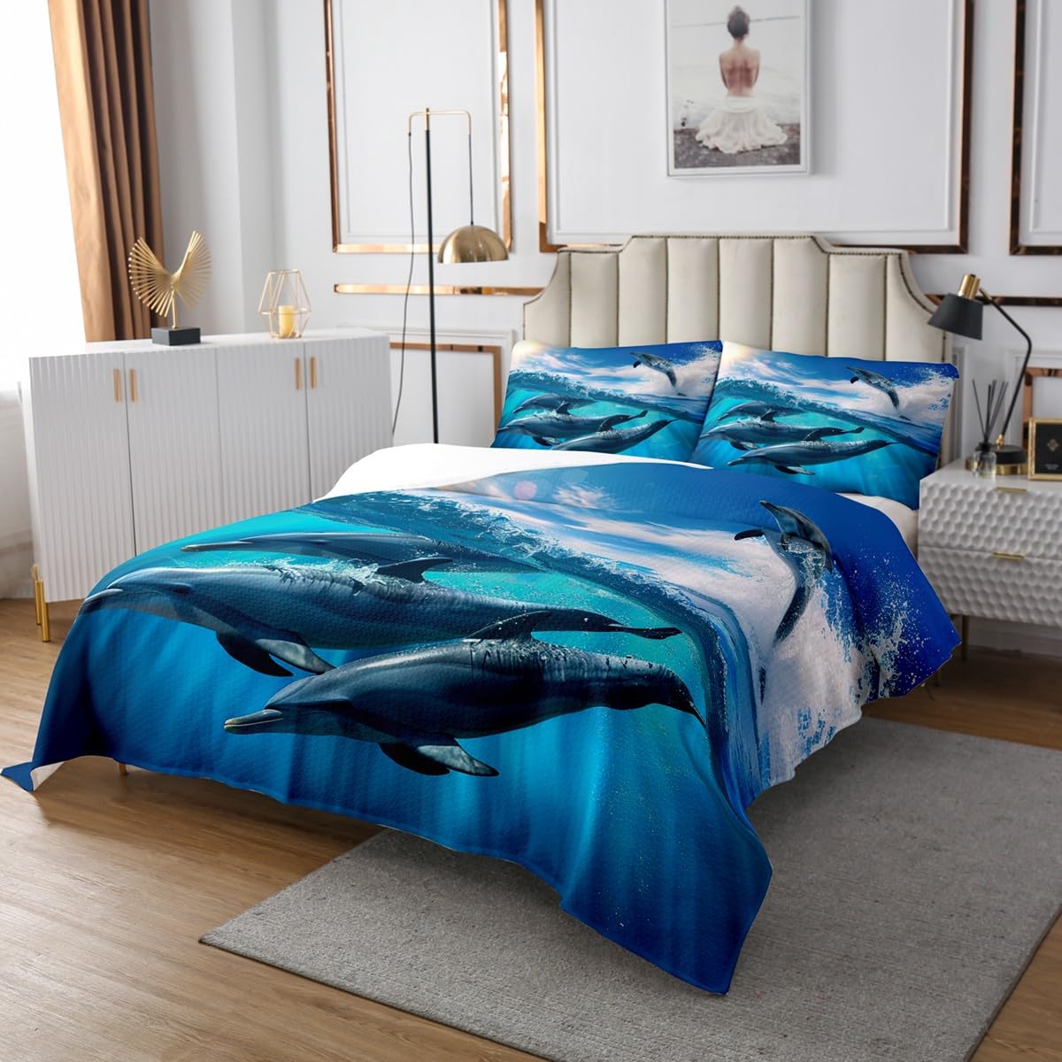 Cute Dolphin Bedspread Set Queen Size for Kids,Boys Girls Dolphin Jumping Quilt Set Sea Animals Bedspread Coverlet Blue Ocean Wave Bedspread 3 Piece Decorative Bedding Quilted with 2 Pillow Shams