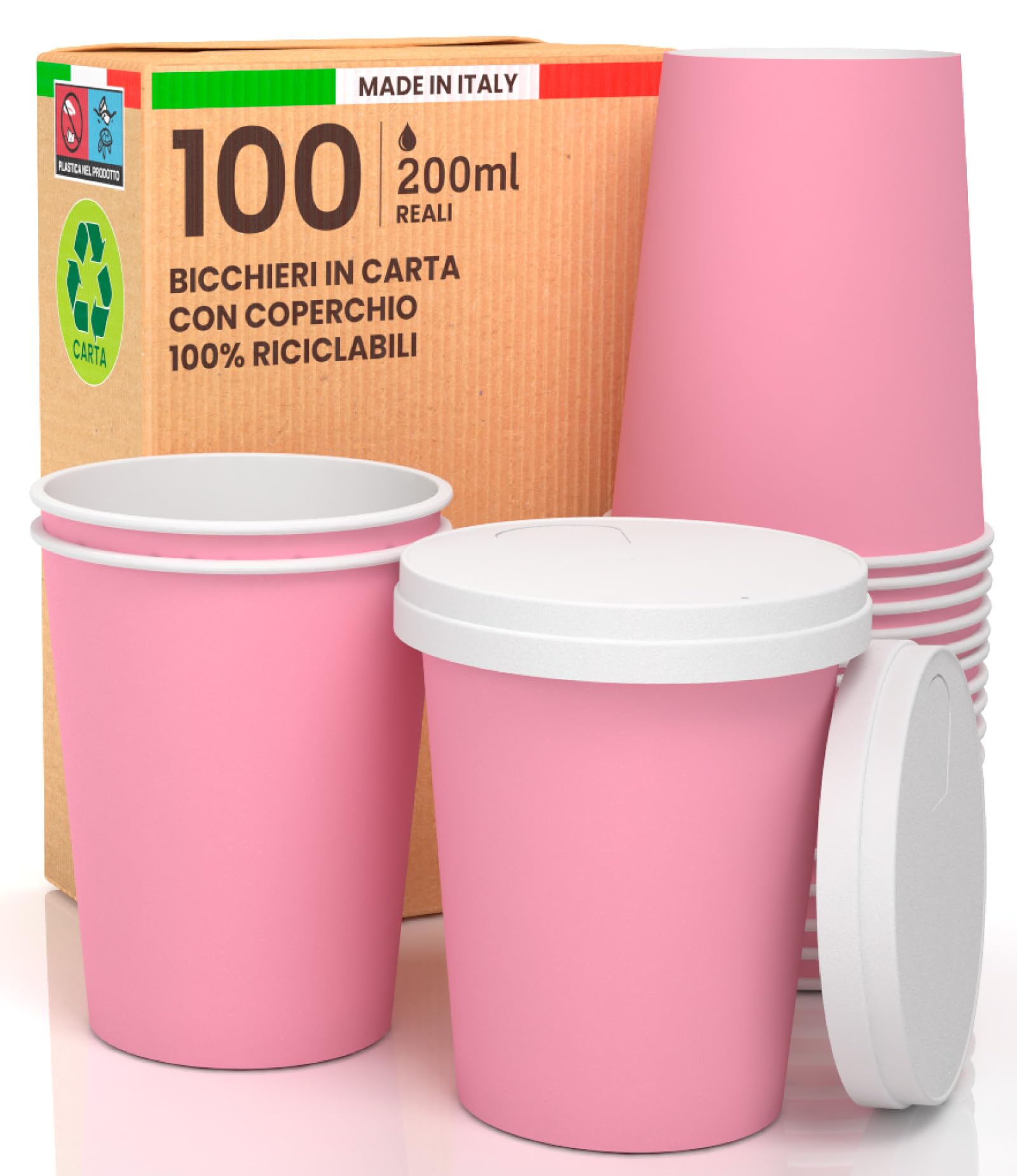 100 roze koffiebekers van papier, 200 ml, met papieren deksel, warme en koude dranken, thee-infusies, cappuccino, milieuvriendelijk, biologisch afbreekbaar, gekleurde wegwerpbekers 100 deksels met