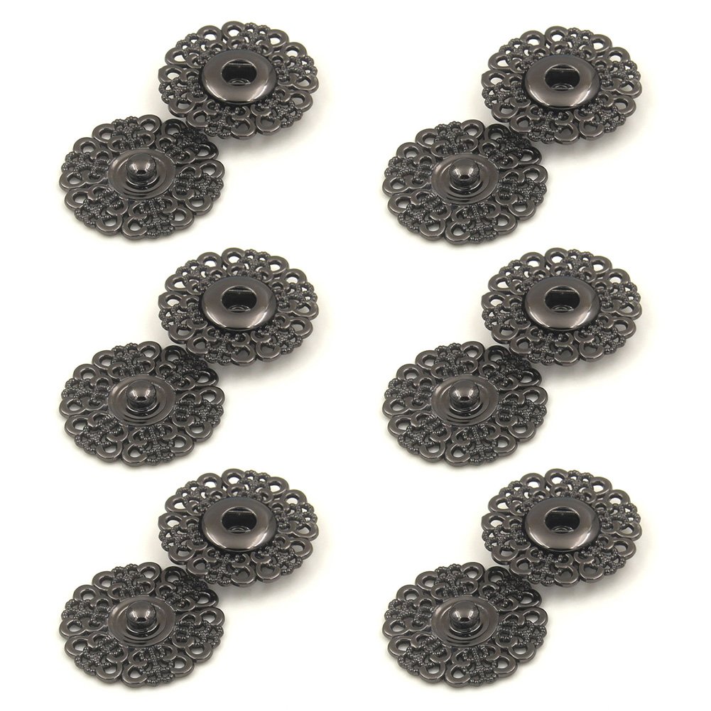 Anjing Black 6Pcs Metal Snap Buttons 15Mm 18Mm 21Mm 25Mm 30Mm Clasp Buttons Hollow Flower Sewing Press Studs Buttons Coat Buttons