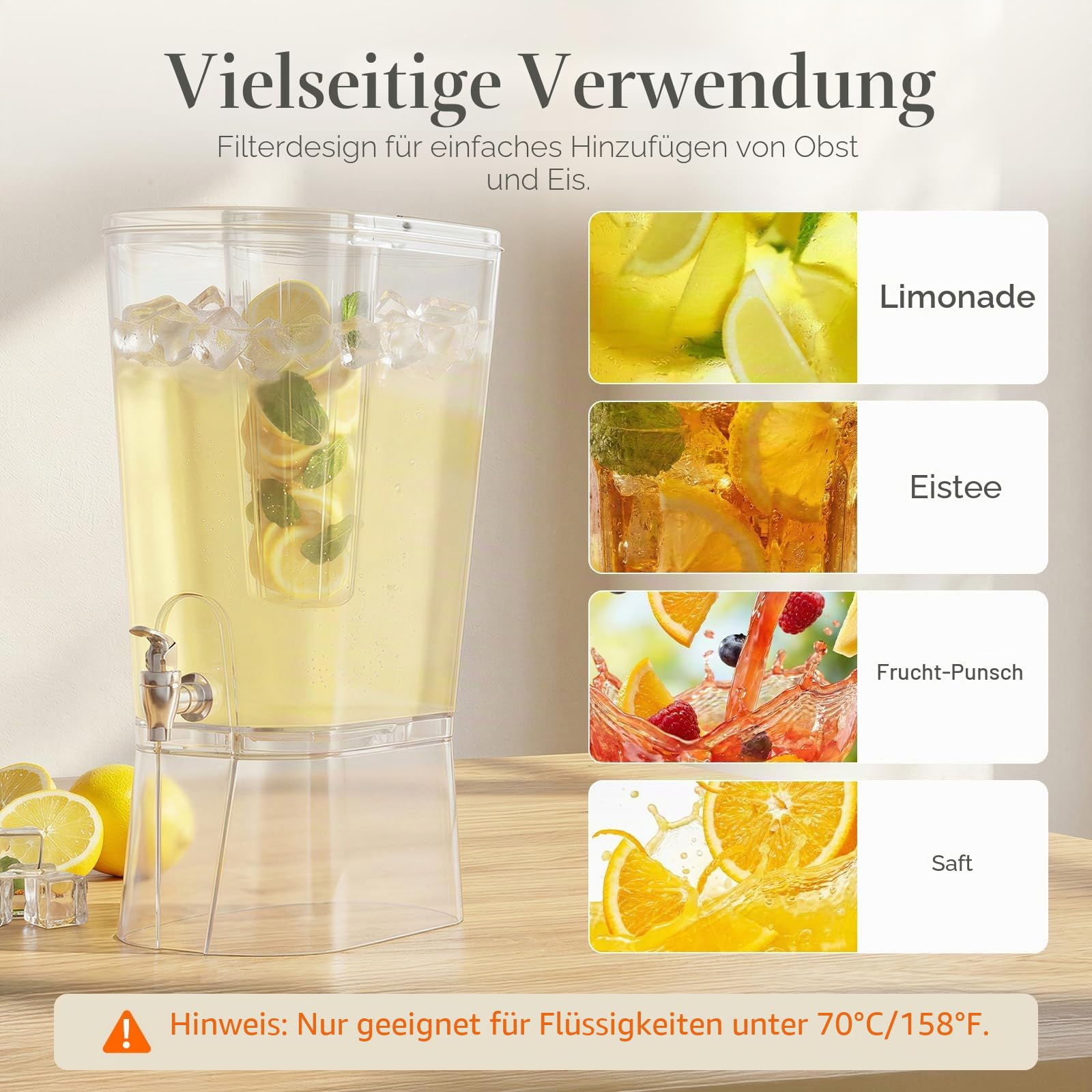 Lifewit 11,4L Getränkespender mit Zapfhahn, Ständer und Eiszylinder, 1 Stück Kunststoff Drink Dispenser mit Schild für Limonade Saft Tee Getränke, Water Dispenser für Partys Buffet, 45 x32cm/18x13