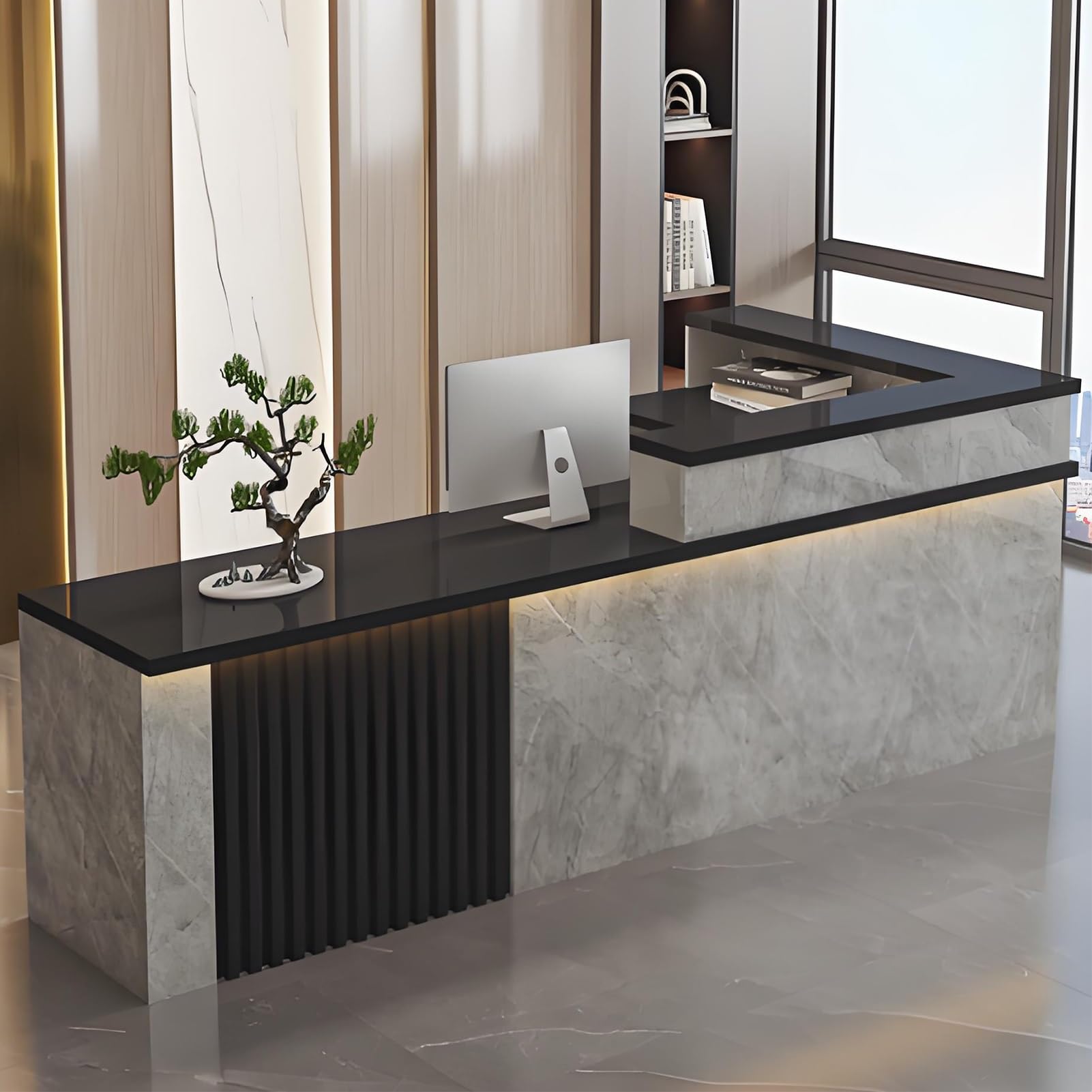 blat recepcyjny z oświetleniem LED i zamykaną szufladą, lada recepcyjna, lada sklepowa, stół w recepcji do kasy, salon kosmetyczny, hol(Walnut L,140cm/55in)