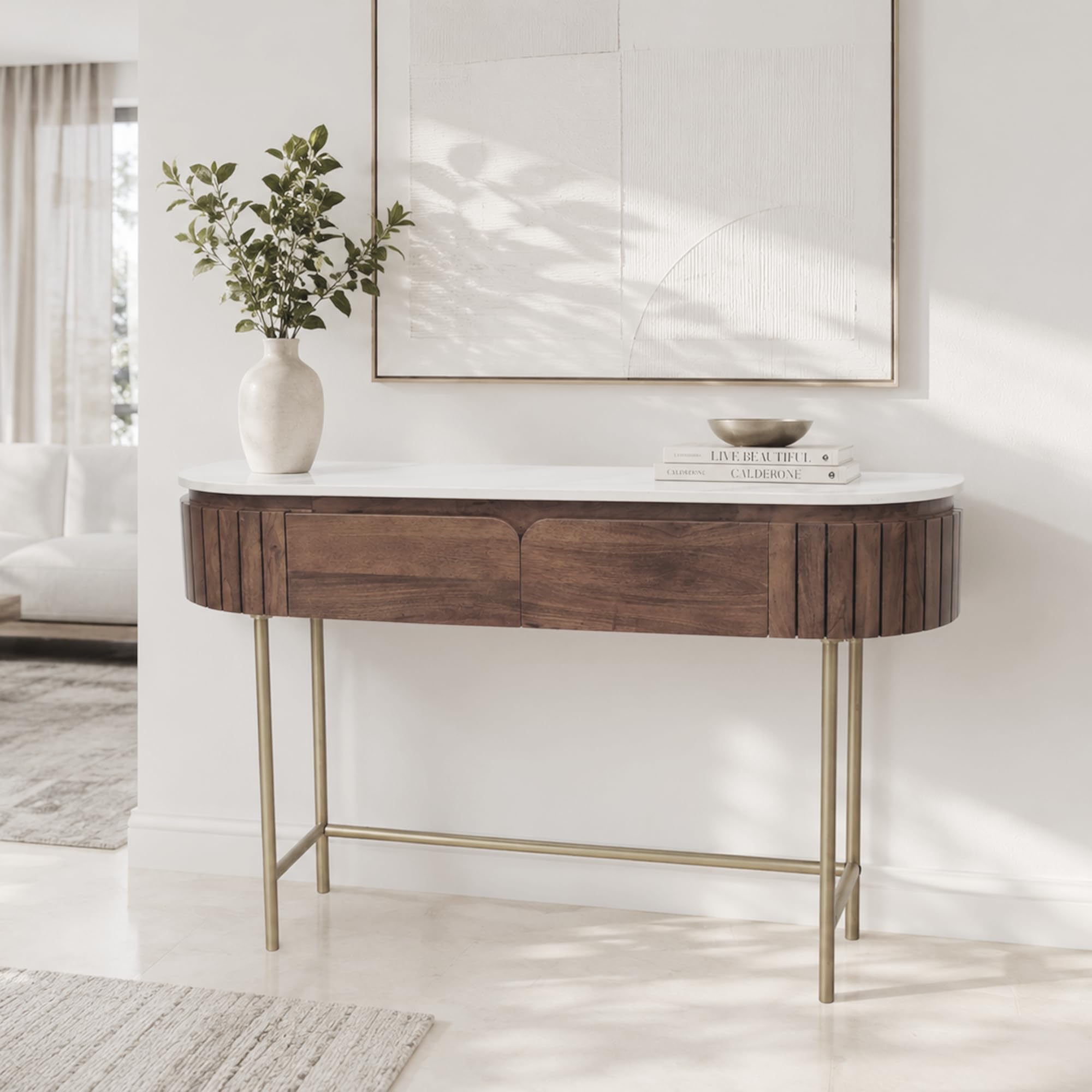 the attic carlston console table for living room foyer, teak finish