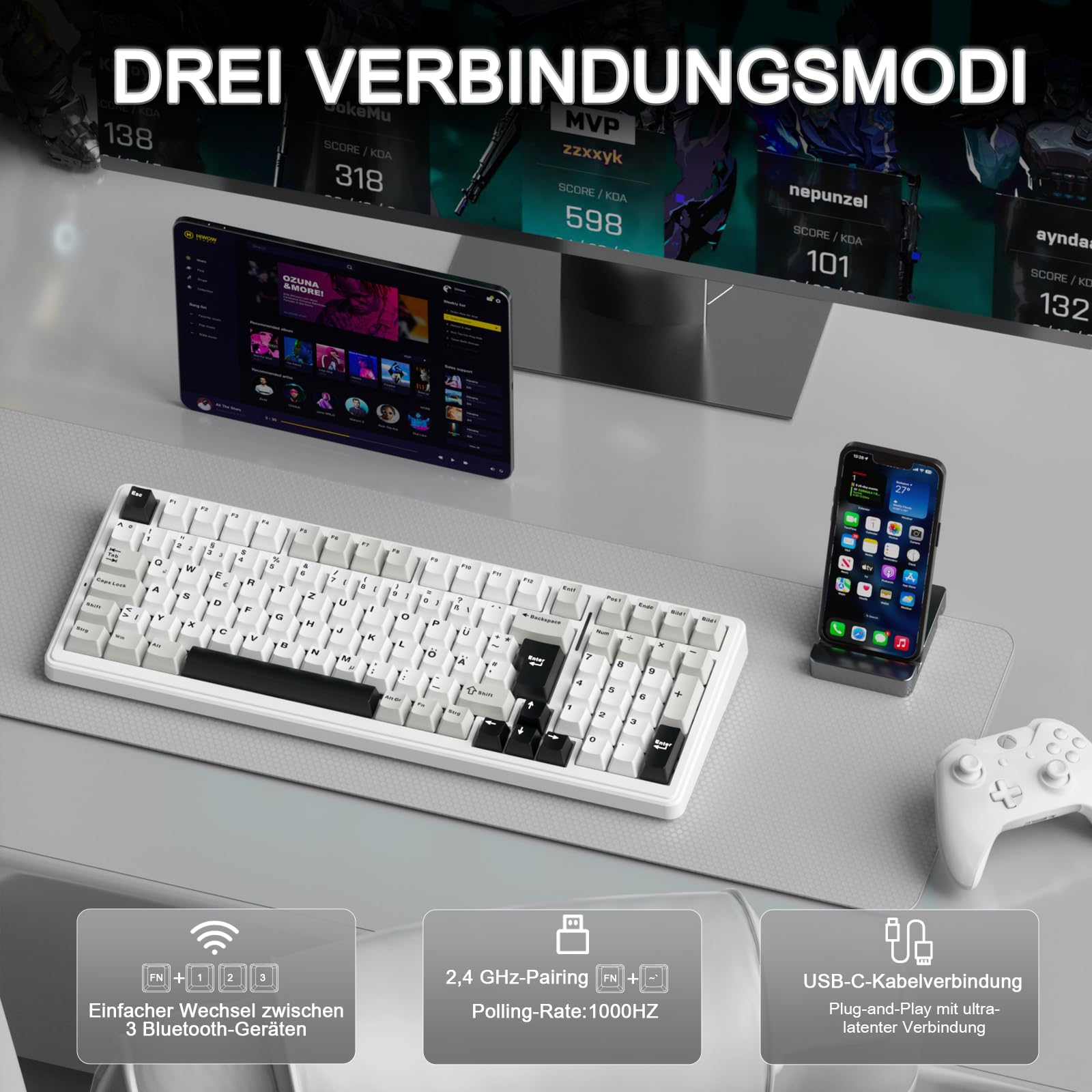 AULA F99 Kabellose Gaming Tastatur Mechanisch QWERTZ DE-Layout BT5.0 2.4G USB-C Gasket Hot Swap RGB PBT 8000mAh 95% (Weiß Grau)