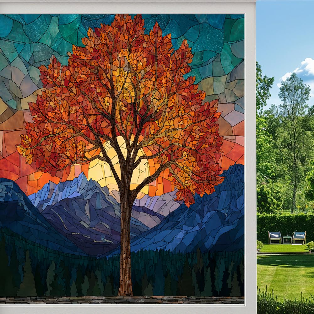 Rustic Fall Tree Stained Glass Window Film, Mountain Sunset Scenery Peel and Stick Privacy Film, Frosted Adhesive Vinyl Decorative for Bathroom Windows Glass Doors, （55x100cm）
