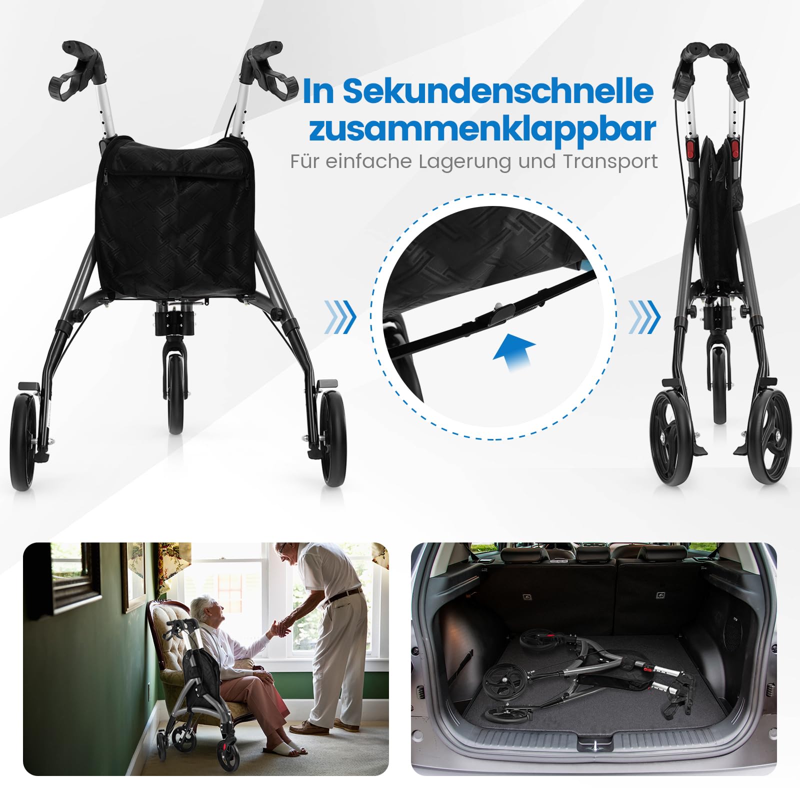 COSTWAY Rollator schmal für Wohnung, Dreirad, faltbar und leicht, Gehhilfe 6-fach höhenverstellbar, Gehwagen mit Tasche & Bremse, Aluminiumrahmen, klappbar für Senioren & Erwachsene (Grau)