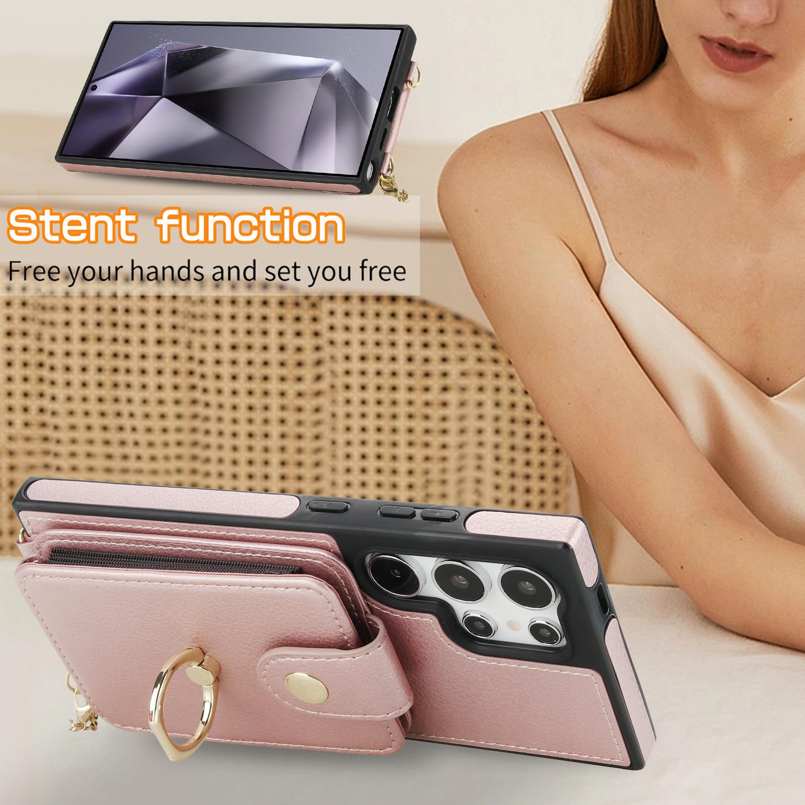 Custodia a portafoglio per Samsung Galaxy S24 Ultra 5G, chiusura magnetica rimovibile, con anello, cavalletto a tracolla, compatibile con MagSafe RFID Blocking S24Ultra, da donna, oro rosa