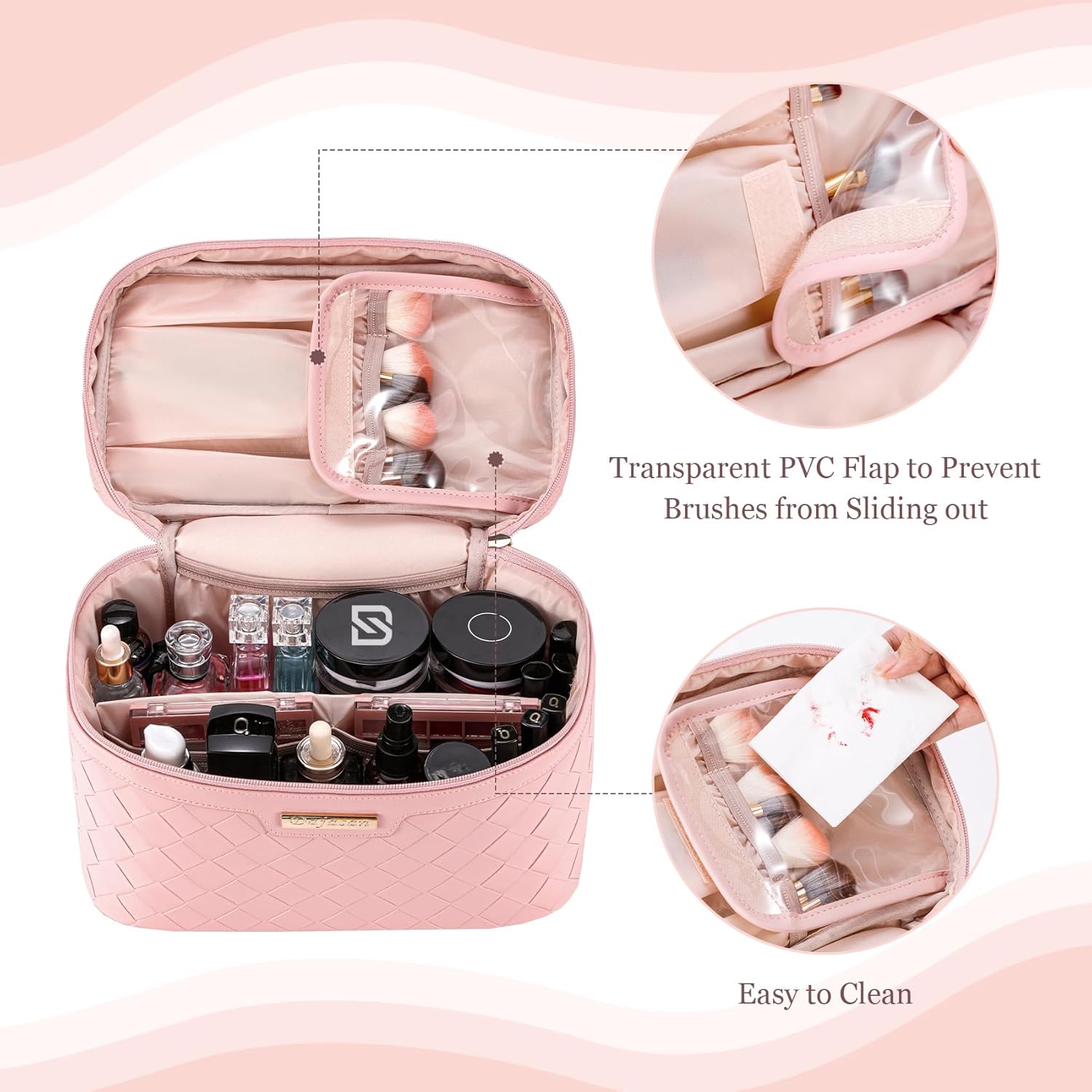 Dajasan Makeup Bag, Portable Travel Cosmetic Bag for Girls Women, Large Capacity Makeup Organizer Case, Travel Toiletry Bag, PU Leather Waterproof (Pink) - Image 5