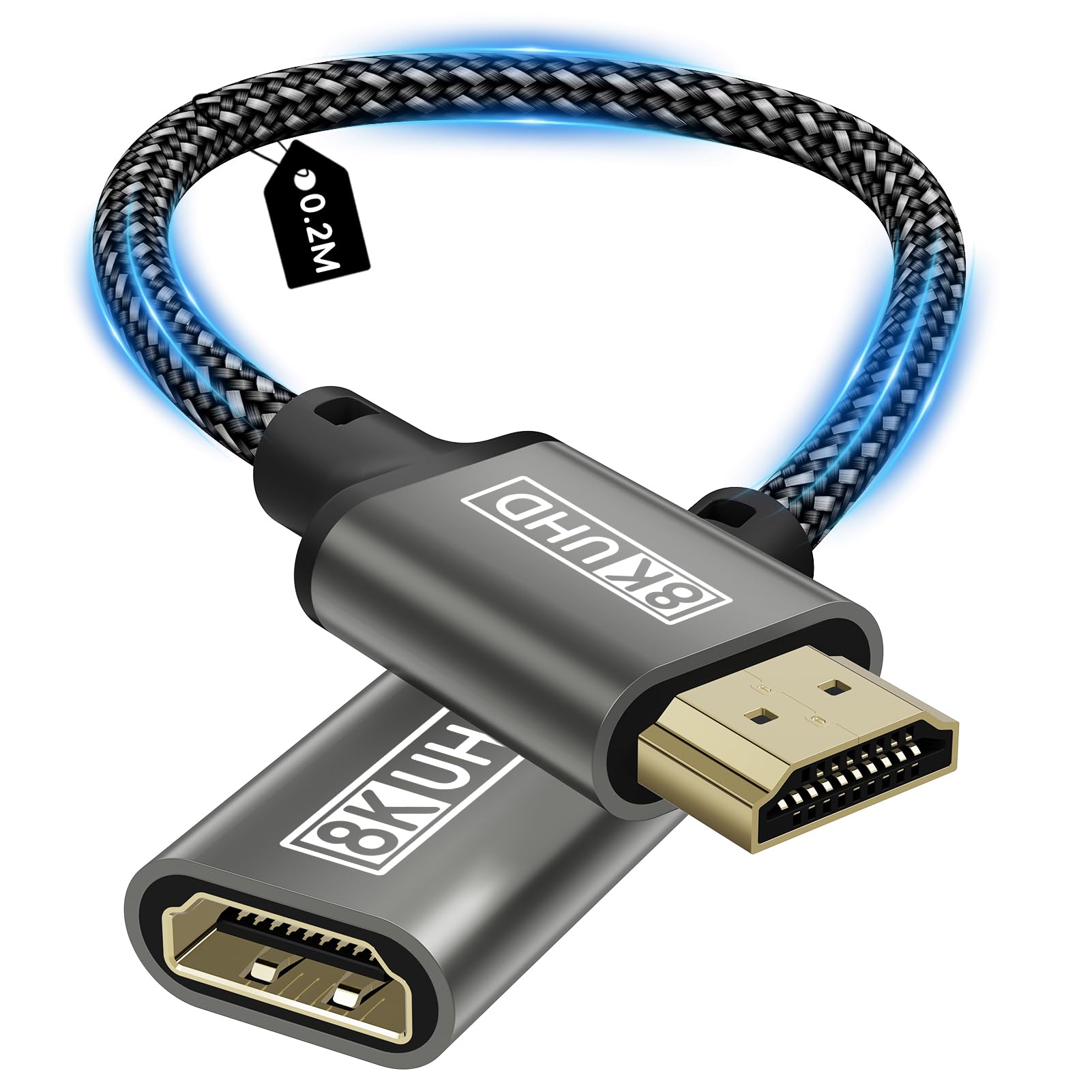 HDMI Extension Cable, 8K Male to Female HDMI Extender Cable 48Gbps Ultra High Speed UHD HDR ARC 3D Compatible with TV Stick, Roku, Blu-Ray, Xbox, PS5, HDTV, Laptop-0.2m